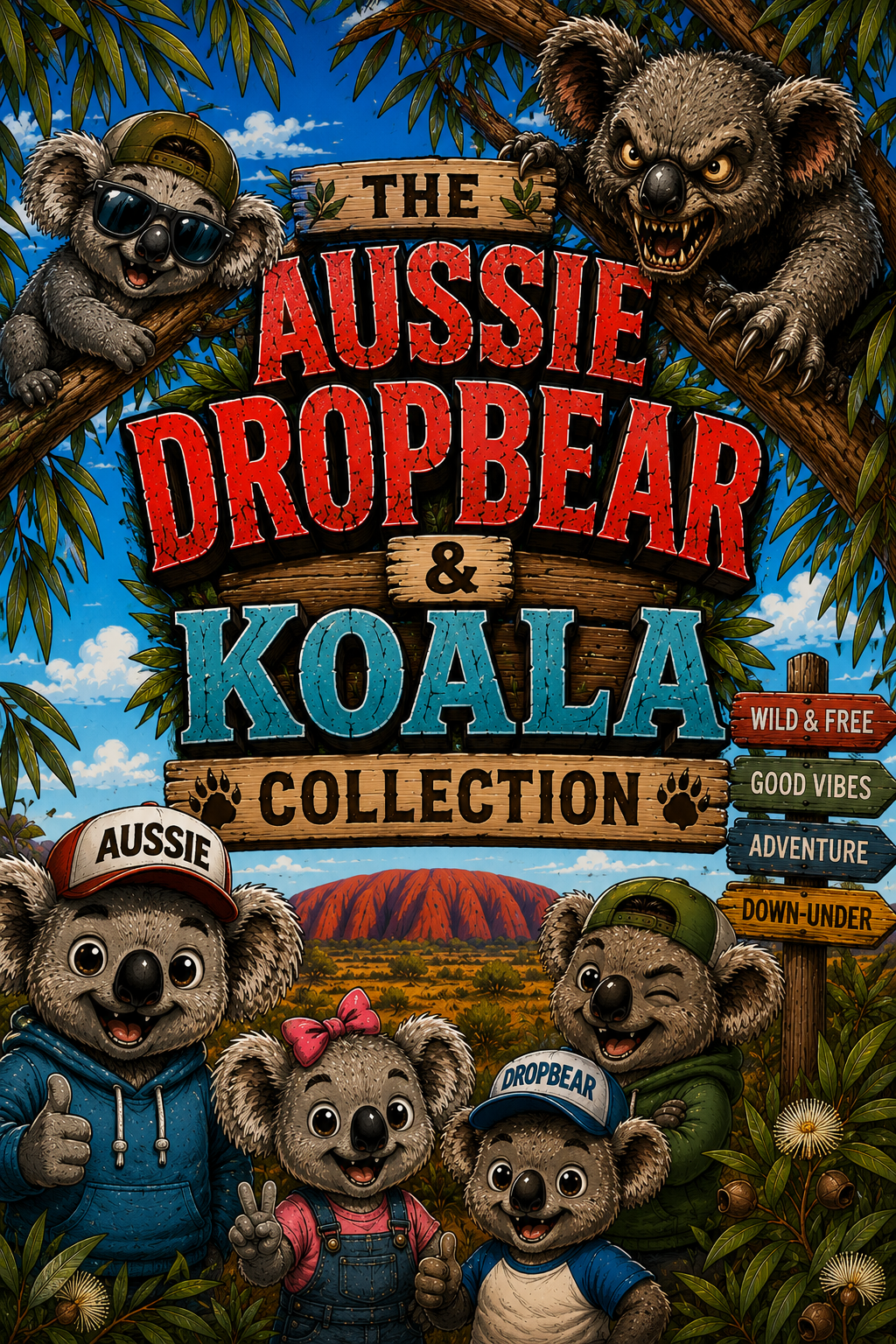 A high-impact vertical graphic featuring cute koala characters in hats and hoodies at the bottom and a fierce, sharp-toothed dropbear in the trees above with Uluru in the distance.