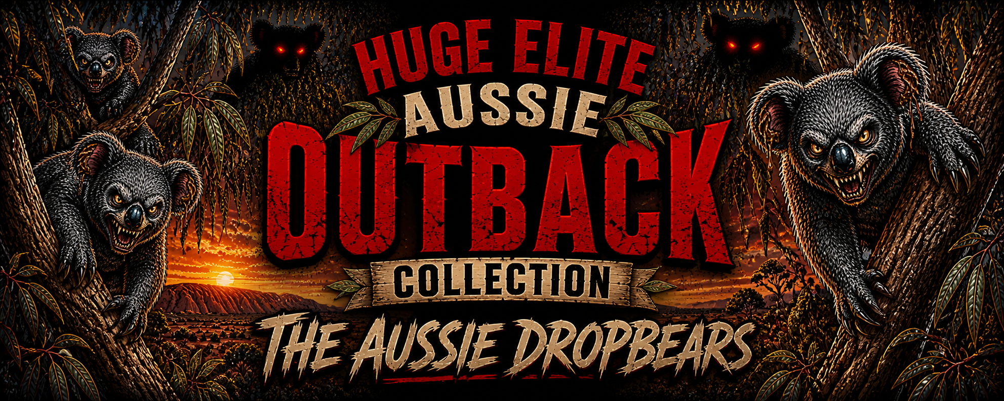 huge elite dropbear banner, predatory comic koala, outback gum trees, red glowing eyes, industrial streetwear branding, huge elite lifestyle, aussie legend apparel