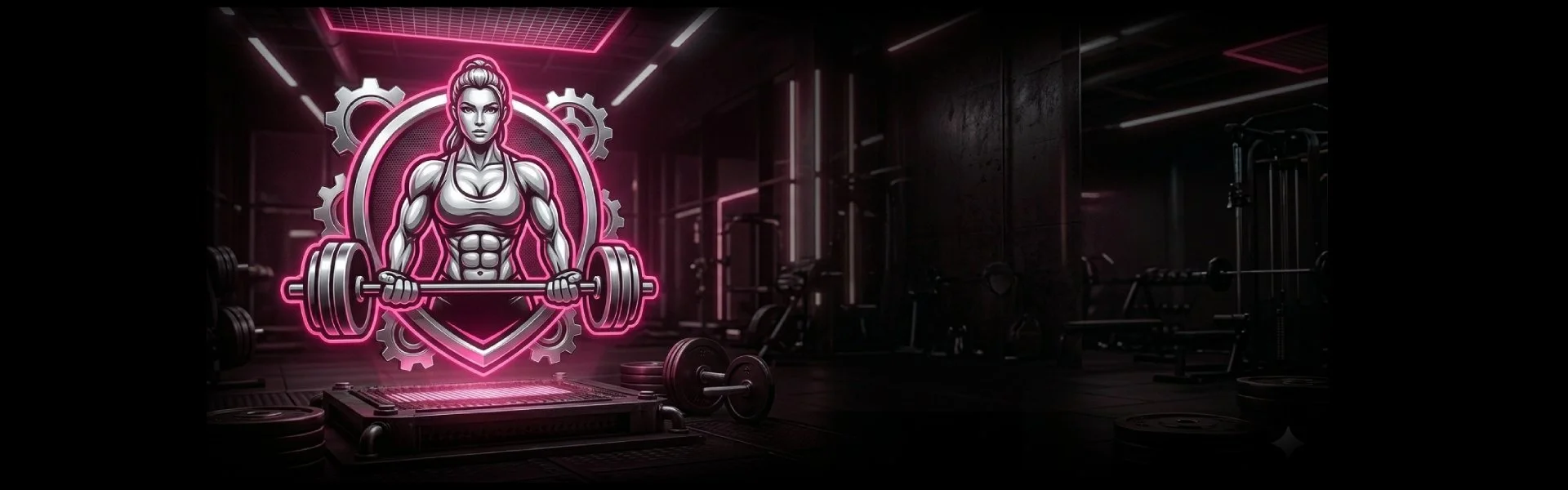 Elite Female gym apparel banner, hot pink and silver female bodybuilder neon emblem, dark luxurious gym interior, performance strength branding on textured concrete, powerful high-contrast lighting