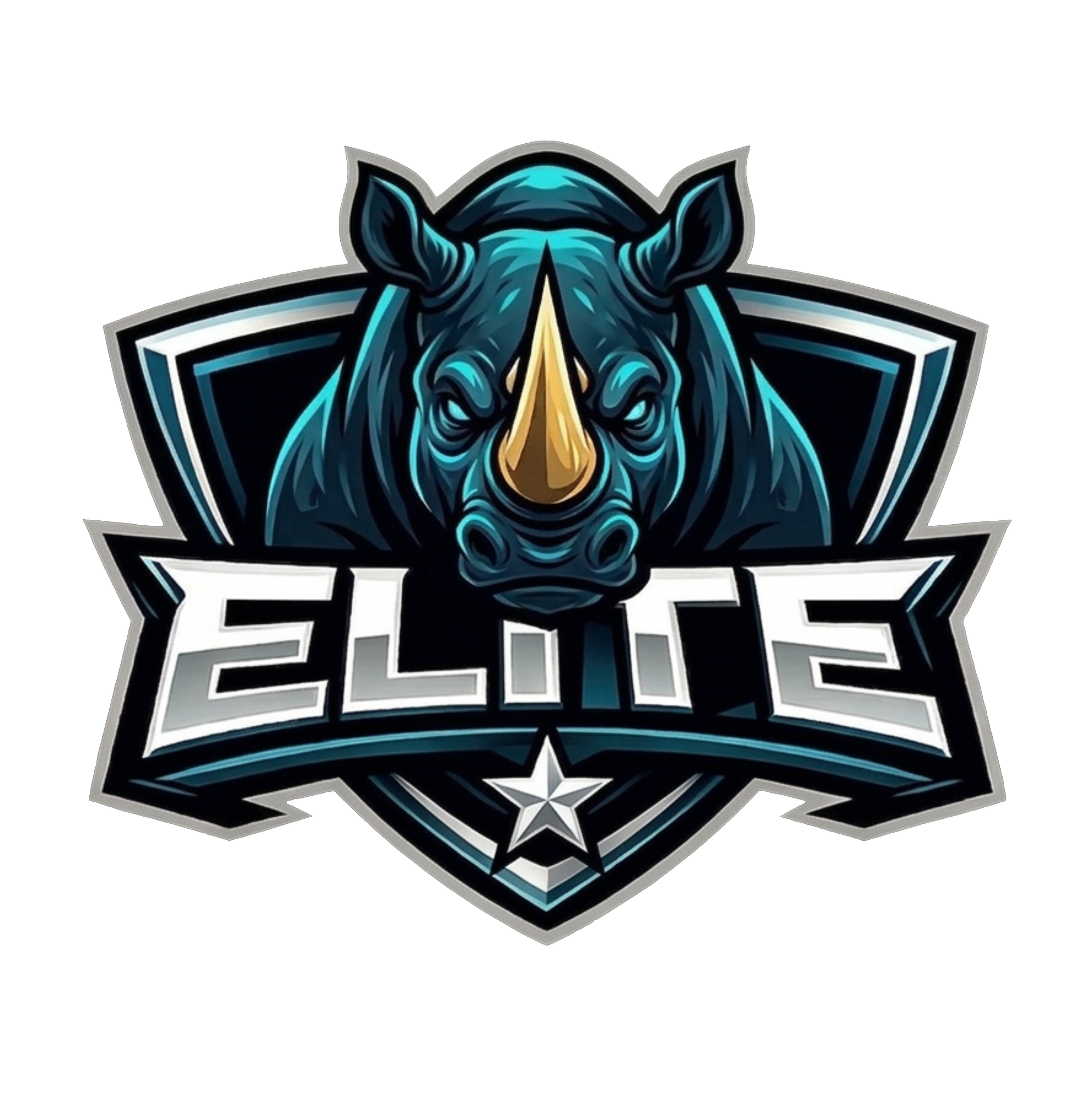 High-definition metallic rhino logo, aggressive expression with glowing cyan eyes and prominent gold horn, silver and charcoal shield border, 3D metallic ELITE block lettering, silver star at base, clean border design