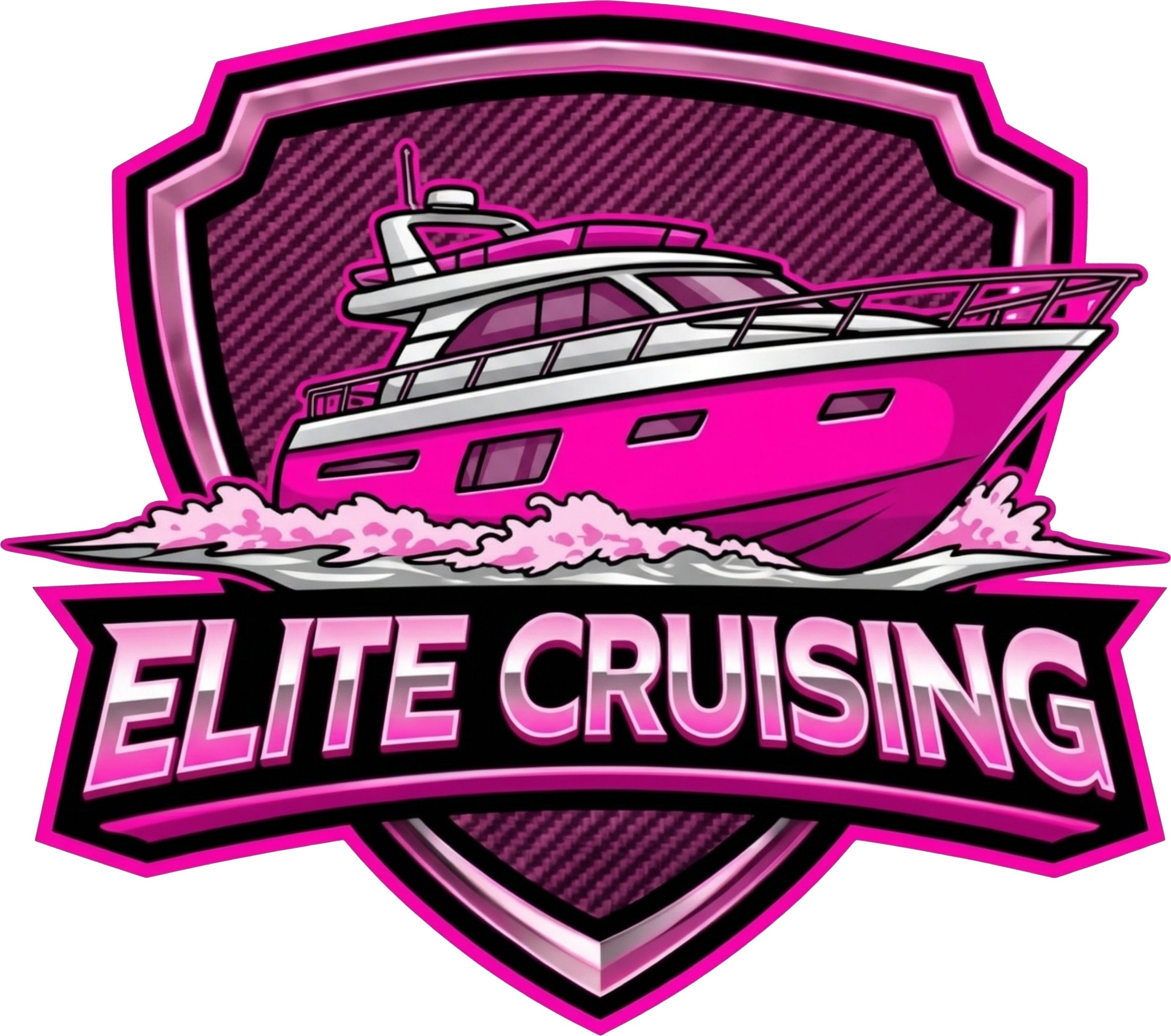 A neon-style sign featuring a yacht on water, with the words "Elite Cruising" in bold pink letters beneath.