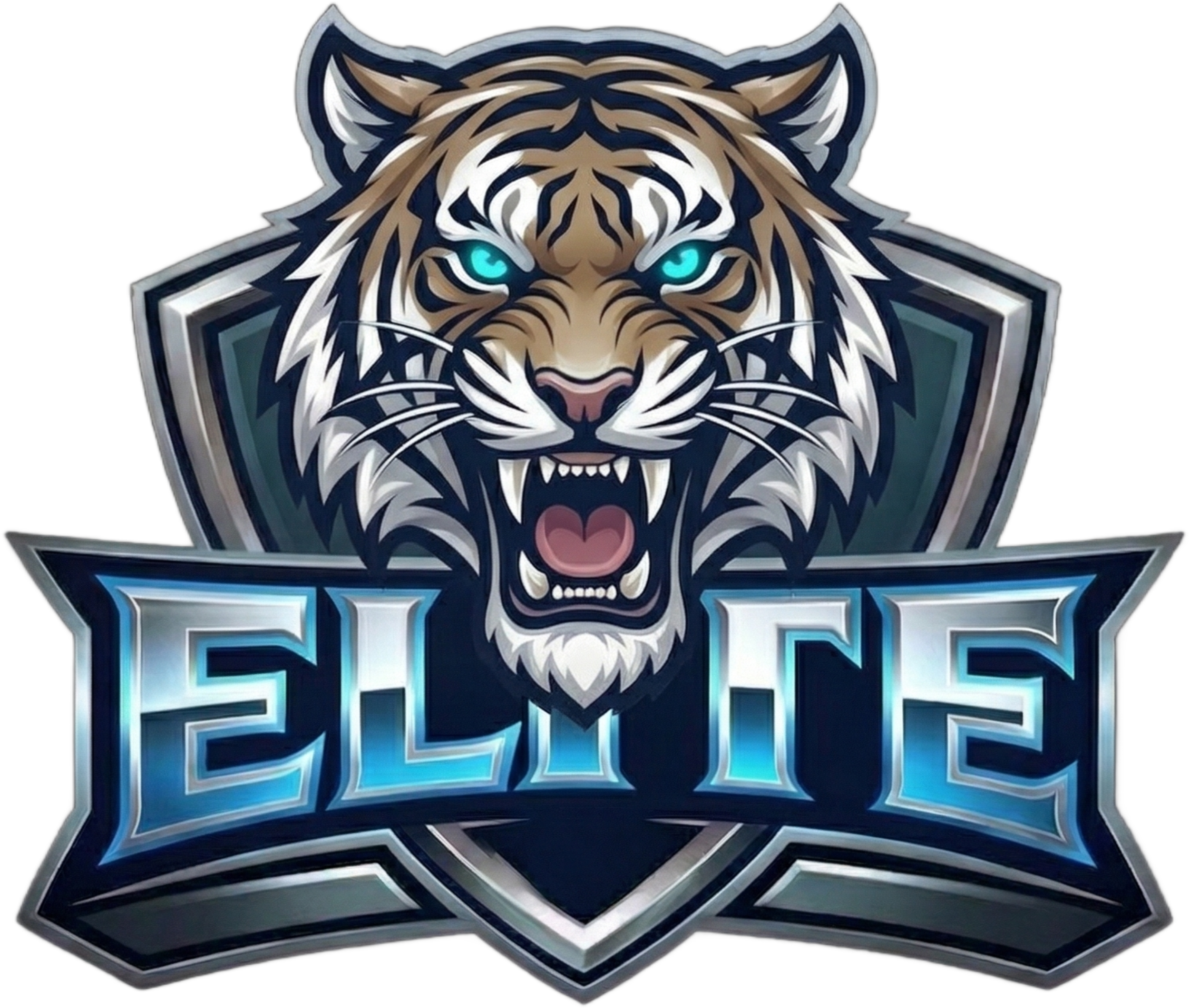 Powerful roaring tiger logo, glowing cyan-blue eyes and metallic silver shield, high-impact ELITE block lettering, cyan and silver gradient finish, centered composition, ample negative space at bottom
