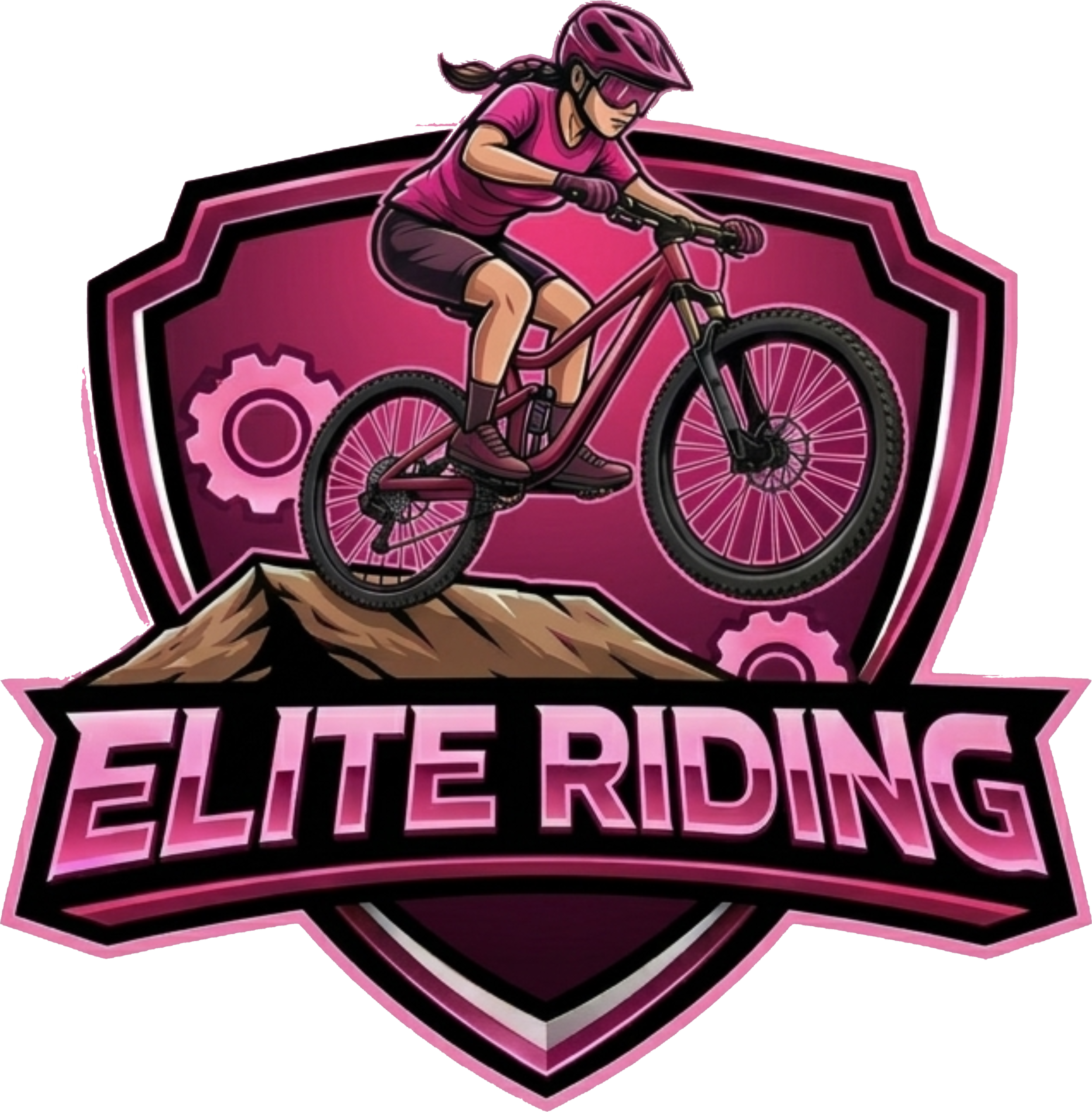 ELITE RIDING // METALLIC SHIELD LOGO, HOT PINK AND SILVER NEON ACCENTS, FEMALE RIDER JUMPING MOUNTAIN BIKE, HIGH-IMPACT SILVER TEXT.