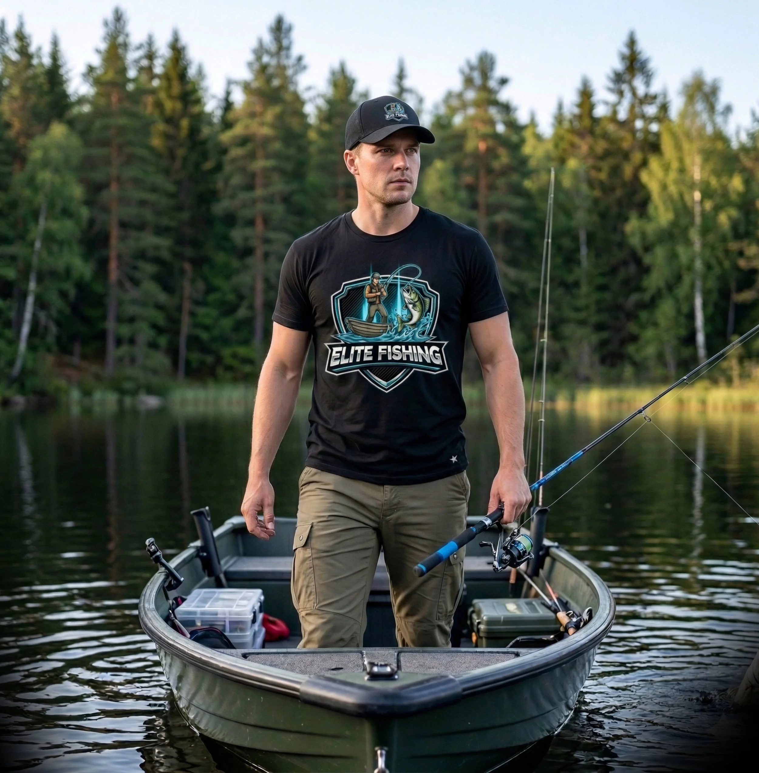 Male angler on boat, Elite Fishing neon logo shirt, black fishing cap, serene lake pine trees, Huge Elite apparel, cyan and silver neon fishing gear.