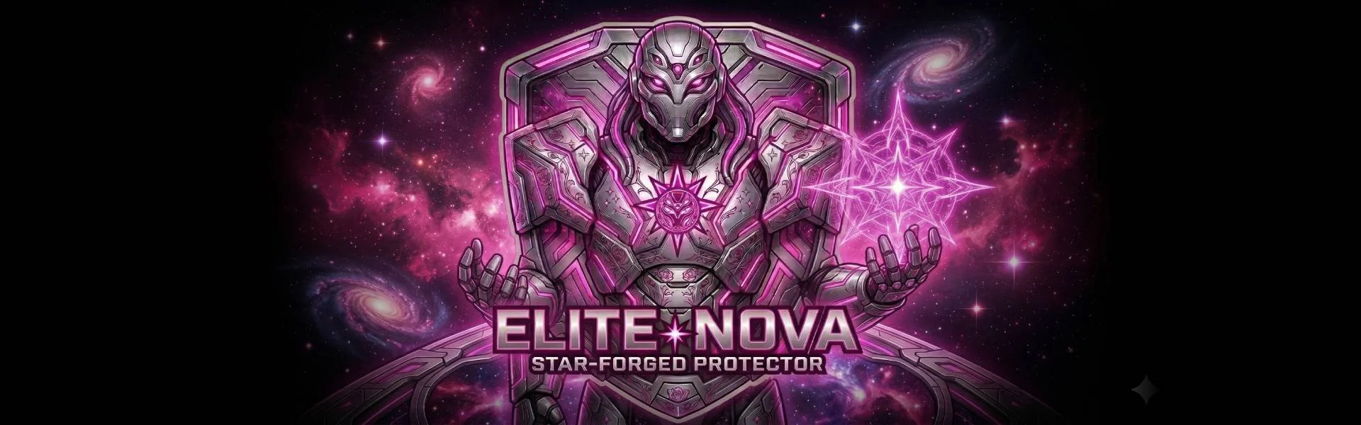 ELITE NOVA Star-Forged Protector banner, metallic silver and hot pink neon robotic guardian, glowing star energy sphere, celestial cosmic galaxy background, futuristic sci-fi armor branding, high-impact apparel logo