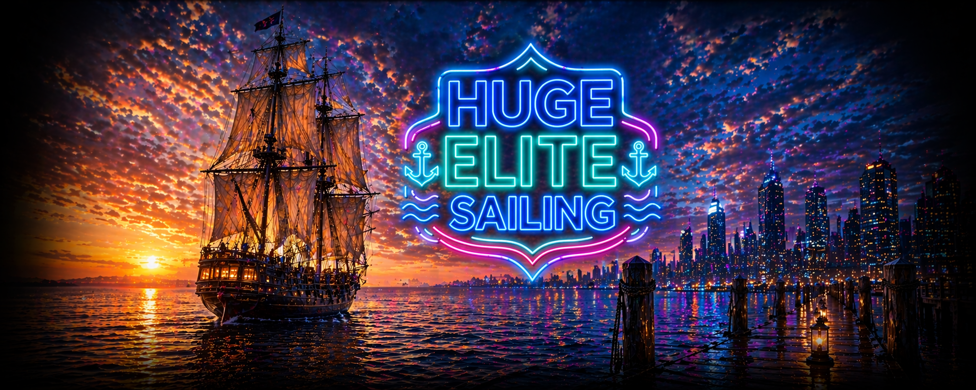Huge Elite Sailing banner, classic sailing ship at sunset, neon blue and pink sailing logo, luxury harbor skyline at night, premium nautical apparel branding, maritime lifestyle photography, urban dock reflections, high-end yachting gear.