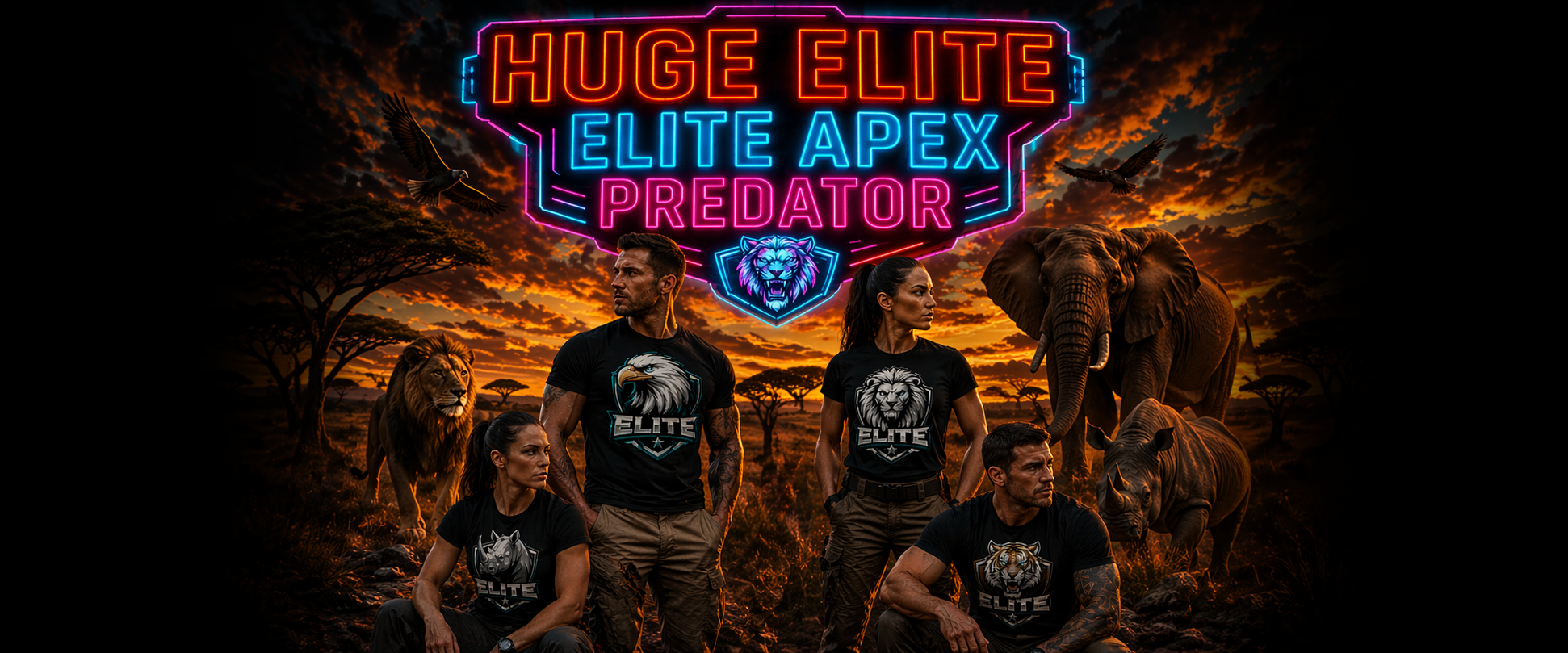 ELITE APEX PREDATOR // MODELS IN EAGLE, LION, RHINO, AND TIGER T-SHIRTS, SAVANNAH SUNSET BACKGROUND WITH WILD ANIMALS, NEON BRANDED LOGO.