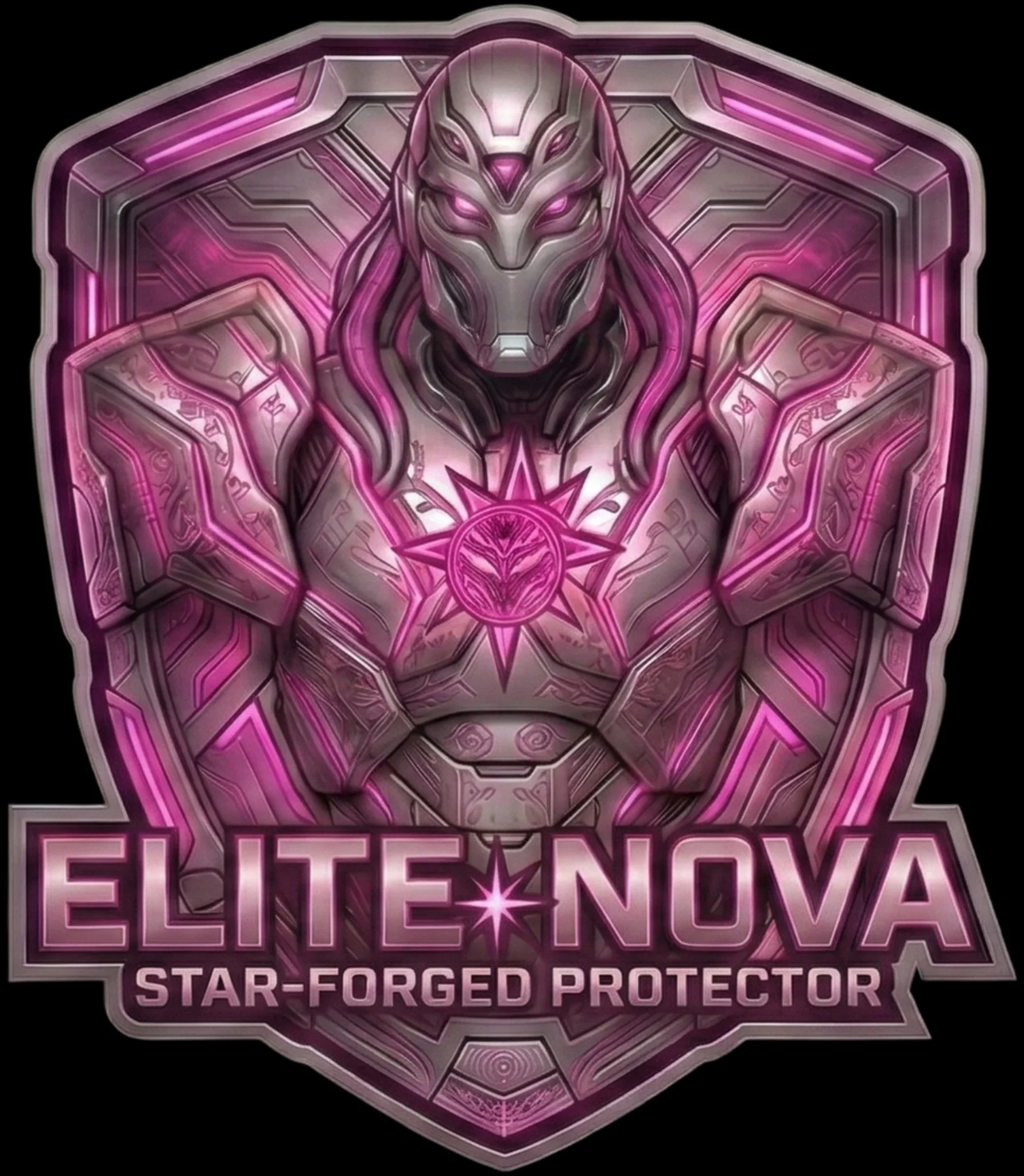 ELITE NOVA // STAR-FORGED PROTECTOR LOGO, METALLIC MAGENTA ARMOR, SHIELD EMBLEM, BLACK BACKGROUND.