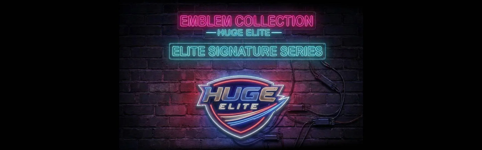 Emblem Collection neon banner, Huge Elite Signature Series sign, glowing metallic shield logo on dark brick wall, industrial aesthetic with red and blue neon outlines, premium apparel series branding
