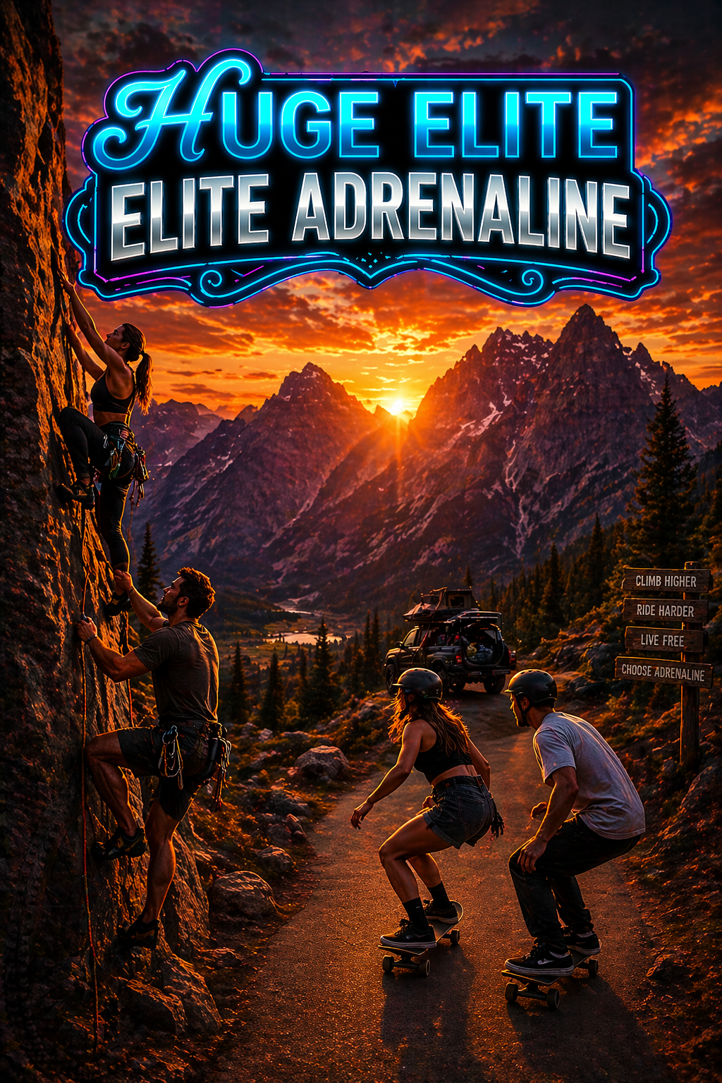 ELITE ADRENALINE // MOUNTAIN CLIMBERS ON ROCK FACE, SKATEBOARDERS ON ROAD, NEON LOGO, RUGGED MOUNTAIN PEAKS AT SUNSET.