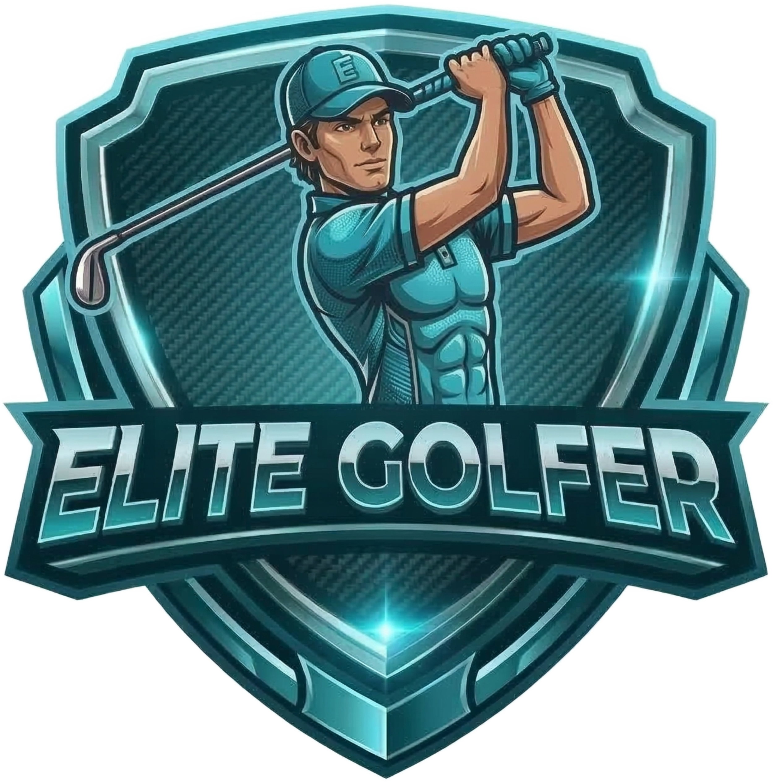 HUGE ELITE GOLFER male logo with metallic shield, cyan-blue and silver neon golfer mid-swing, bold ELITE GOLFER lettering, carbon-fiber texture, premium global lifestyle branding, high-contrast black background
