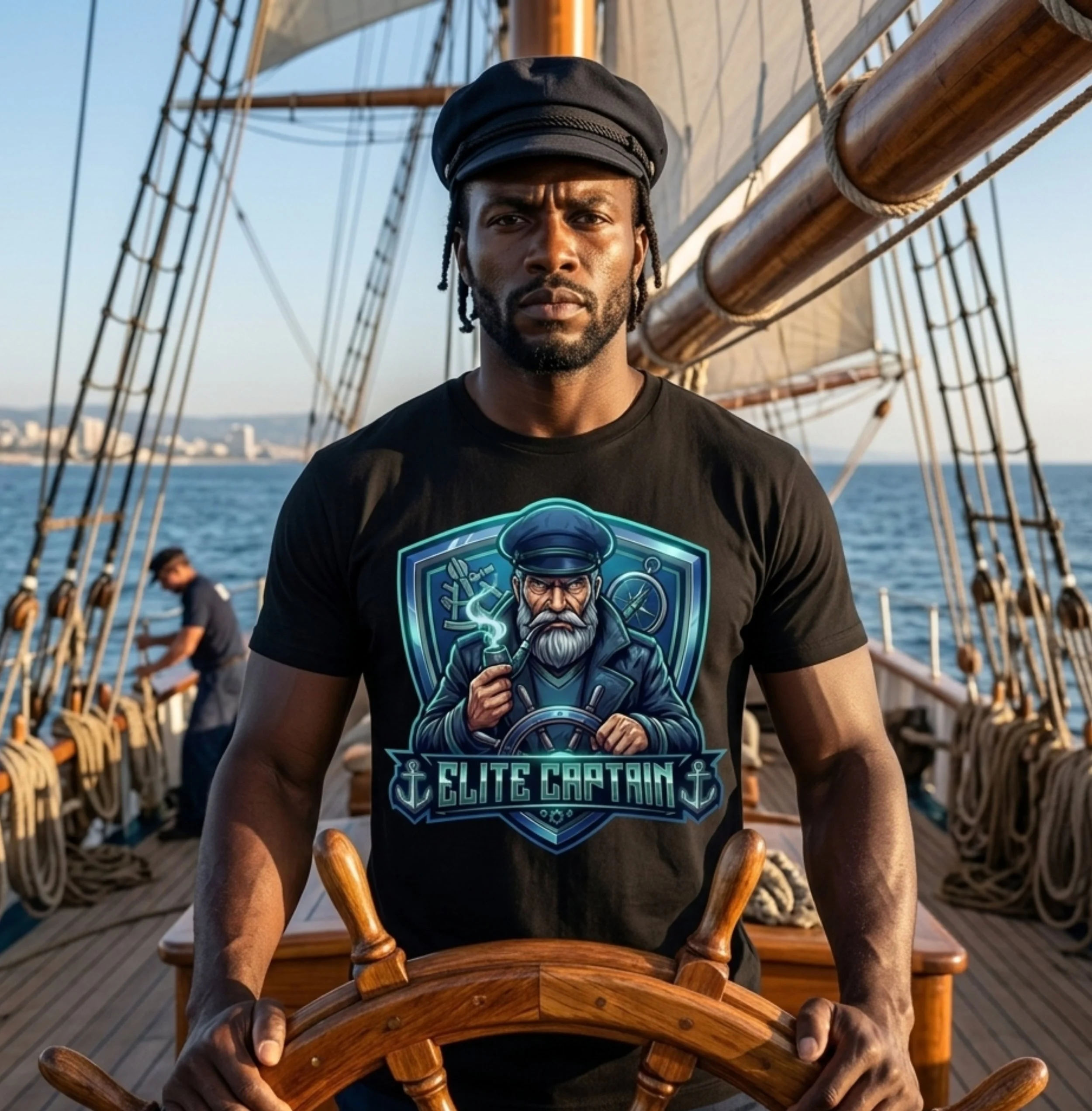 A man with a serious expression wearing a captain's hat, sitting at the helm of a ship, with the ocean and city skyline in the background.