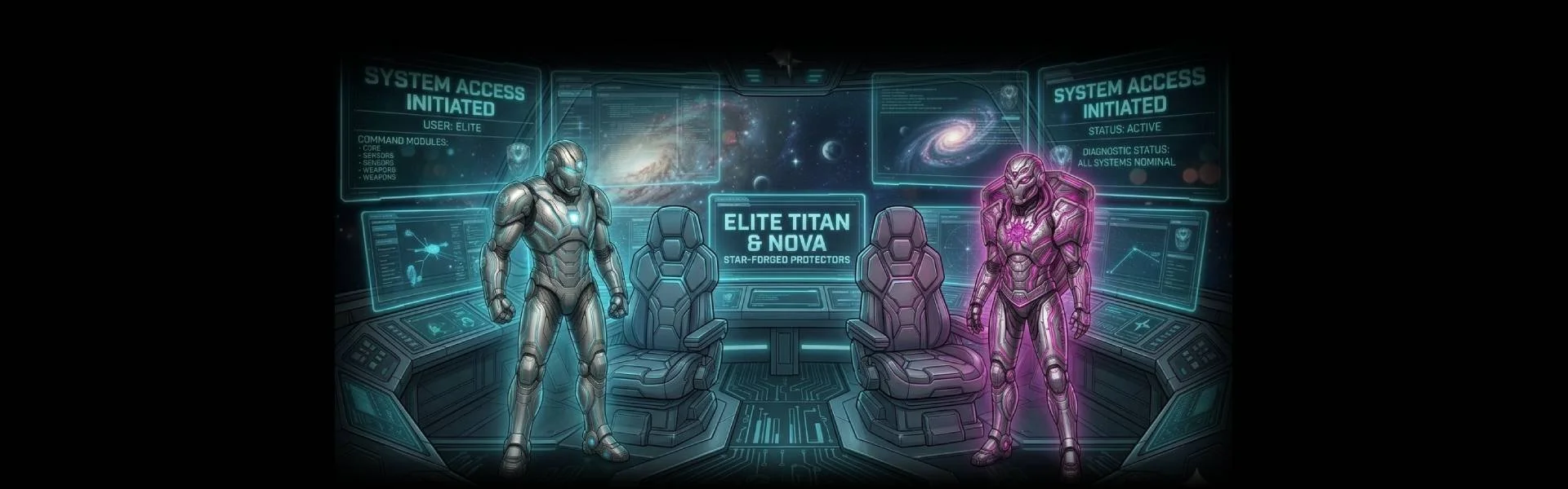 Futuristic spaceship command center with two armored figures, one in blue and one in purple, standing next to control chairs and holographic displays about space and systems.