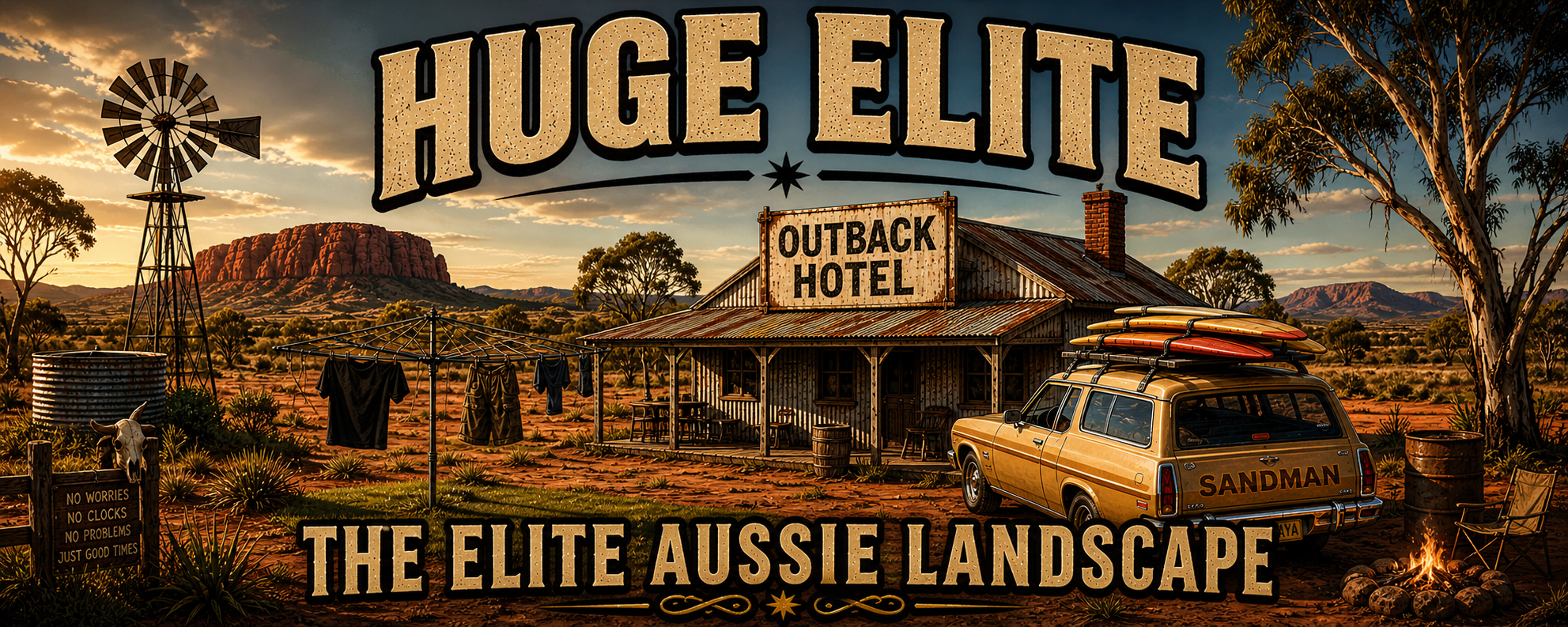 huge elite aussie landscape, outback hotel tin shack, sandman panel van surfboards, blue heeler dog, hills hoist clothesline, lawn mowing outback, premium industrial streetwear, huge elite branding