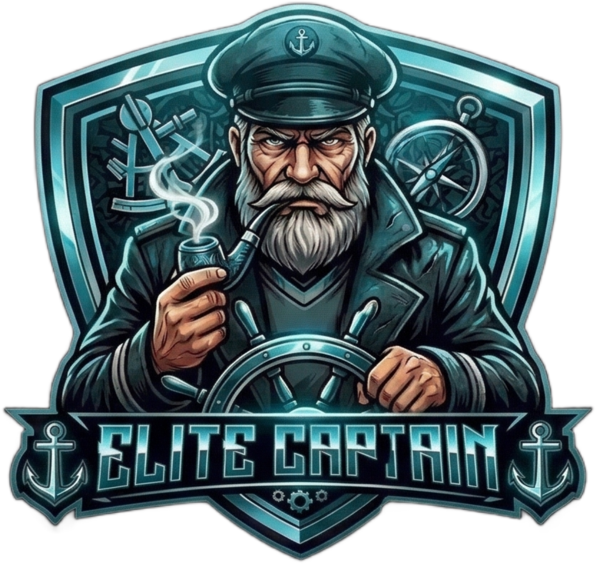 Elite Captain logo, bearded maritime captain with pipe and steering wheel, cyan and silver neon graphic, high-definition metallic shield, futuristic metallic text, vibrant blue accents, silver border with anchor details on solid black.
