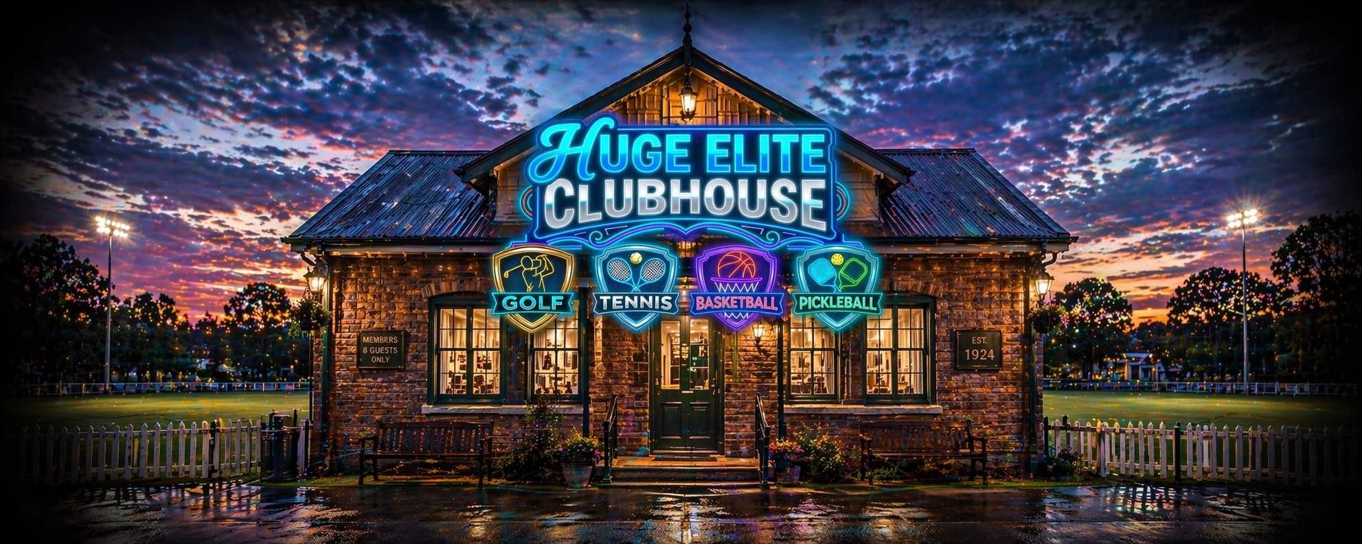 A building with a neon sign that reads "Huge Elite Clubhouse" above icons and labels for golf, tennis, basketball, and pickleball, with a sunset sky and trees in the background.