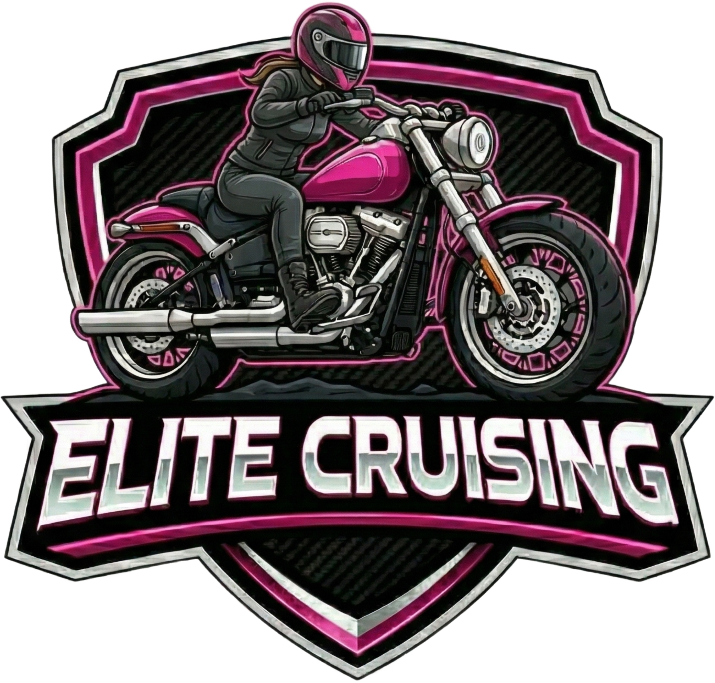 ELITE CRUISING // METALLIC SHIELD LOGO, HOT PINK AND SILVER NEON ACCENTS, FEMALE RIDER IN PINK HELMET ON CRUISER MOTORCYCLE, HIGH-IMPACT SILVER TEXT.