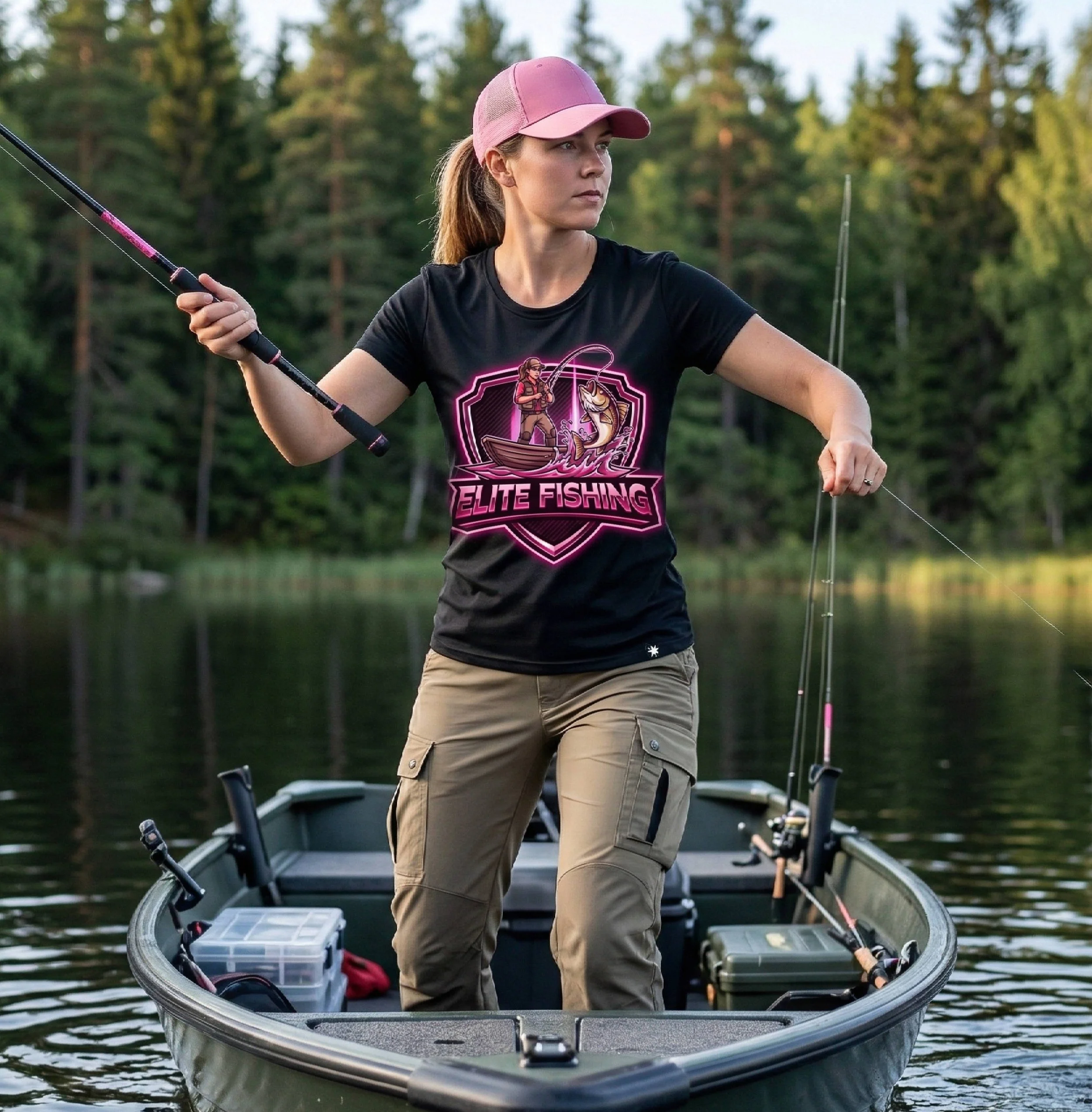 Female angler on green boat, Elite Fishing pink neon logo shirt, black apparel, pink fishing cap, forest lake setting, hot pink silver neon fishing gear.