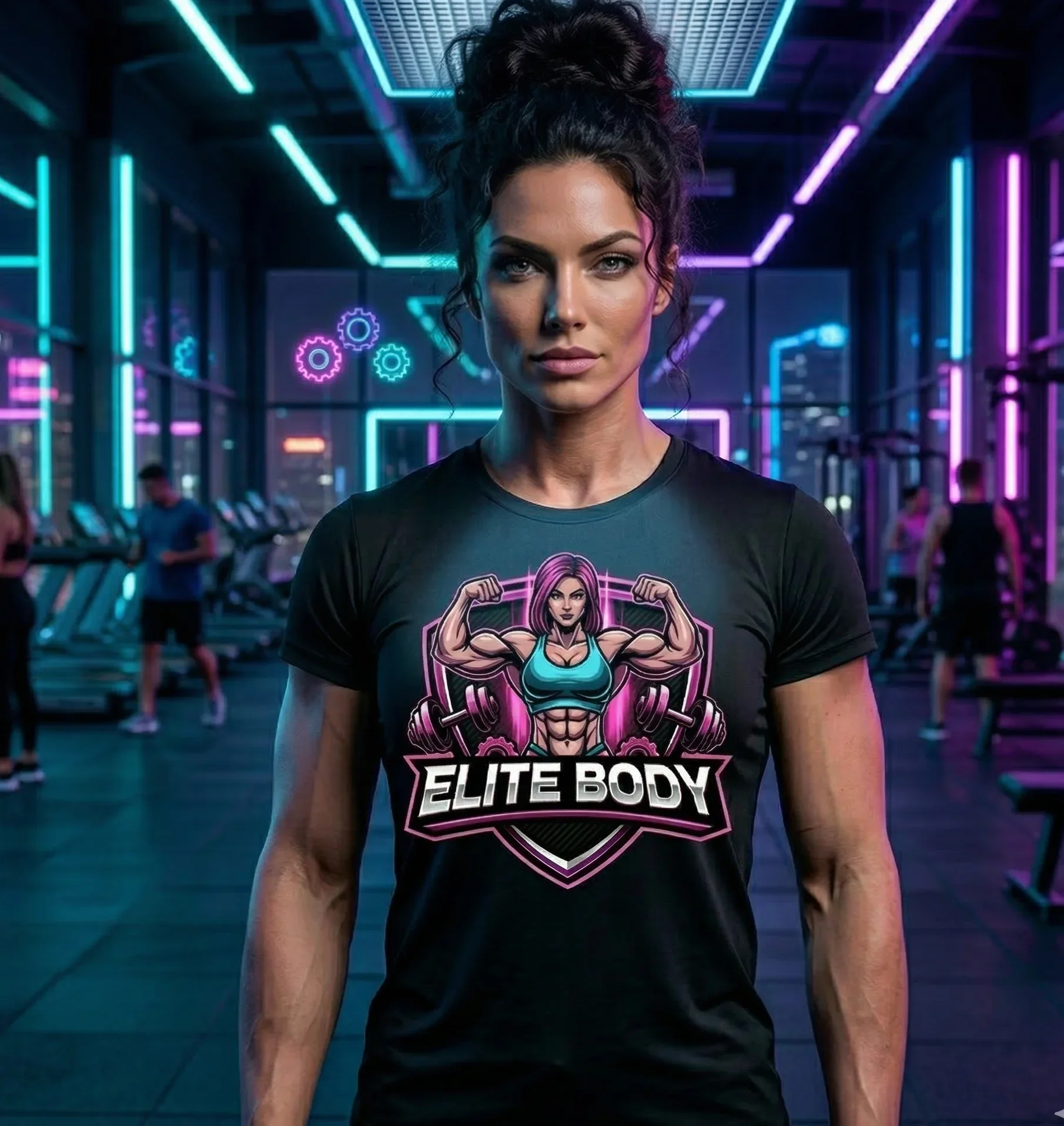 A woman with curly dark hair tied up, wearing a black t-shirt with a colorful muscular woman holding dumbbells and the text 'Elite Body'. She is in a gym with neon lights and three gear icons on a screen in the background.