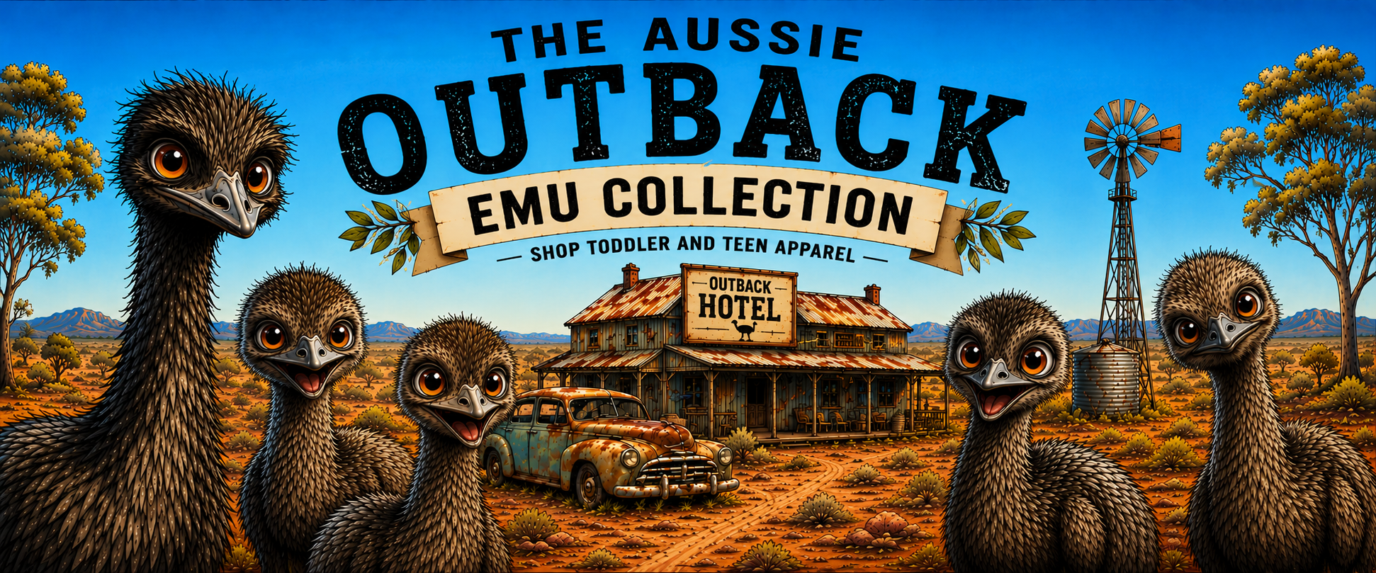 A wide digital illustration featuring a group of cute, wide-eyed emus in front of a rustic outback hotel and a vintage rusty car.