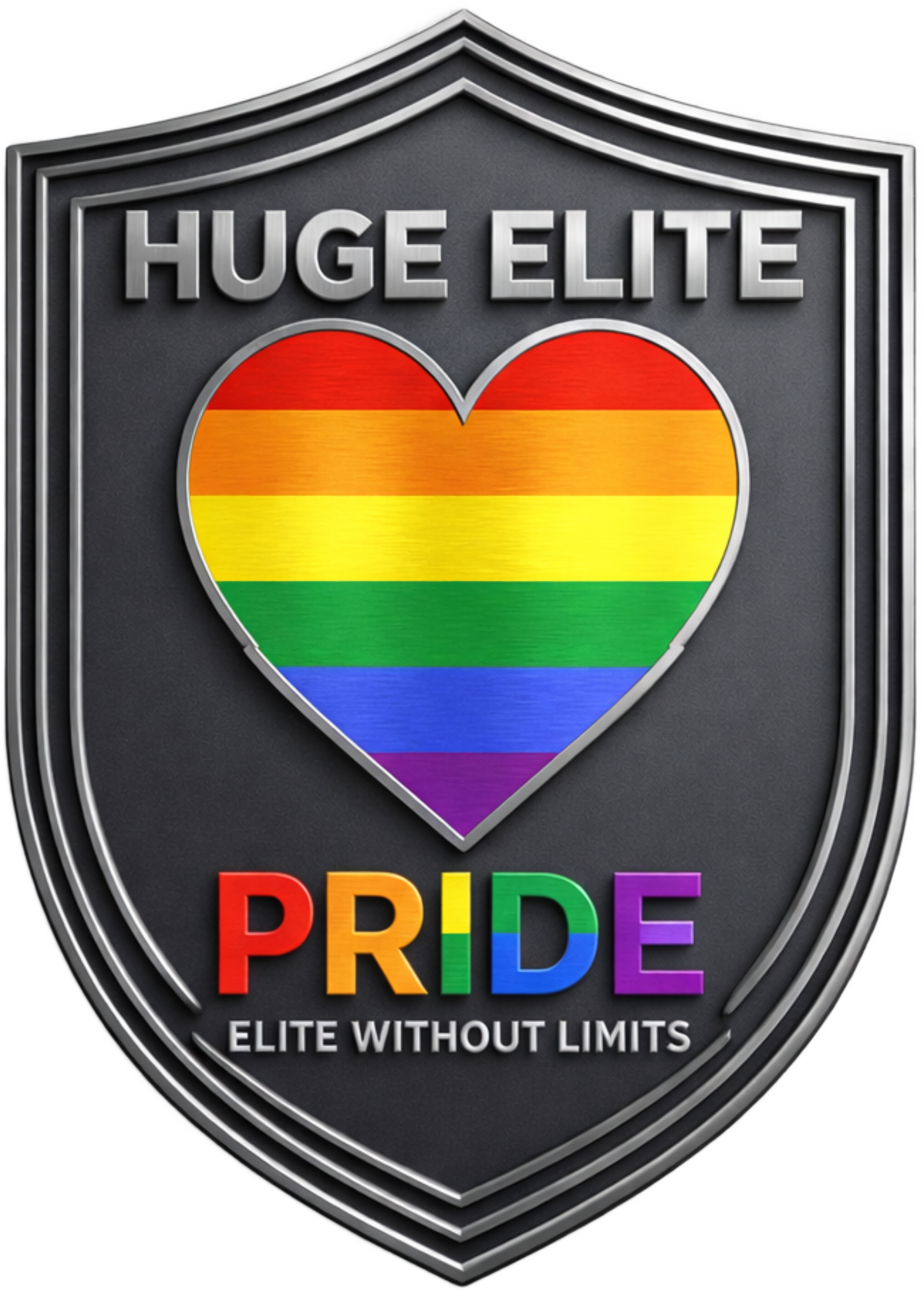 A metallic shield emblem with the words "HUGE ELITE" at the top, a heart in the middle with the rainbow pride flag colors, and the word "PRIDE" below in rainbow-colored letters. The slogan "ELITE WITHOUT LIMITS" appears at the bottom of the shield.