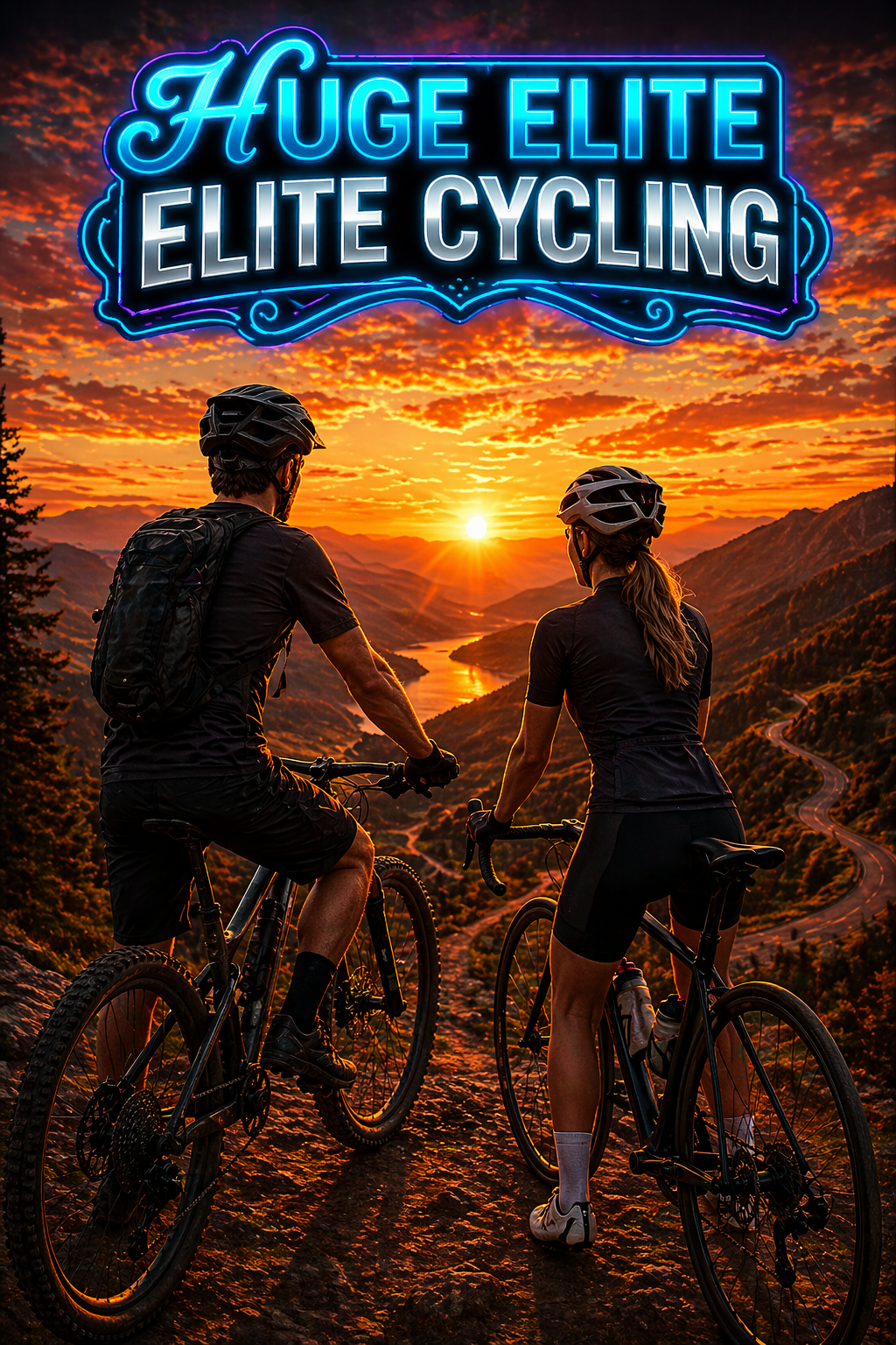 HUGE ELITE CYCLING // MALE MOUNTAIN BIKER AND FEMALE ROAD CYCLIST, NEON LOGO, SCENIC MOUNTAIN VALLEY AT SUNSET.
