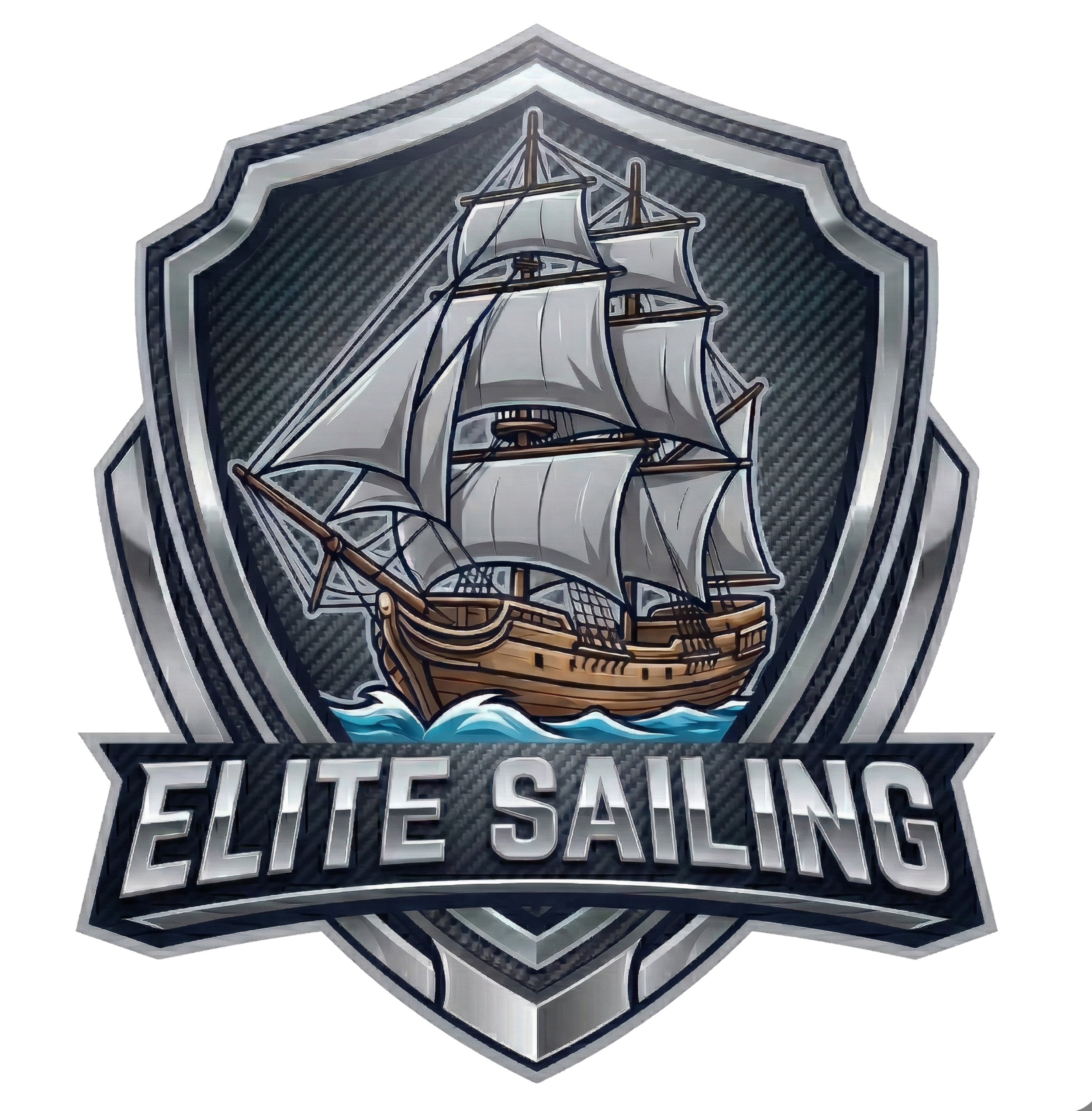 HUGE ELITE ELITE SAILING logo, metallic silver shield, vintage sailing ship on ocean waves, bold metallic ELITE SAILING text, nautical anchor accents, sharp edges, embroidery style graphic, solid black background.