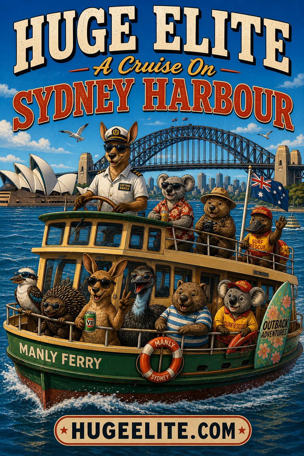 huge elite sydney harbour cruise banner, manly ferry aussie animals, kangaroo captain, koala wombat on boat, sydney harbour bridge opera house, industrial lifestyle branding, huge elite global apparel, outback adventures cruise