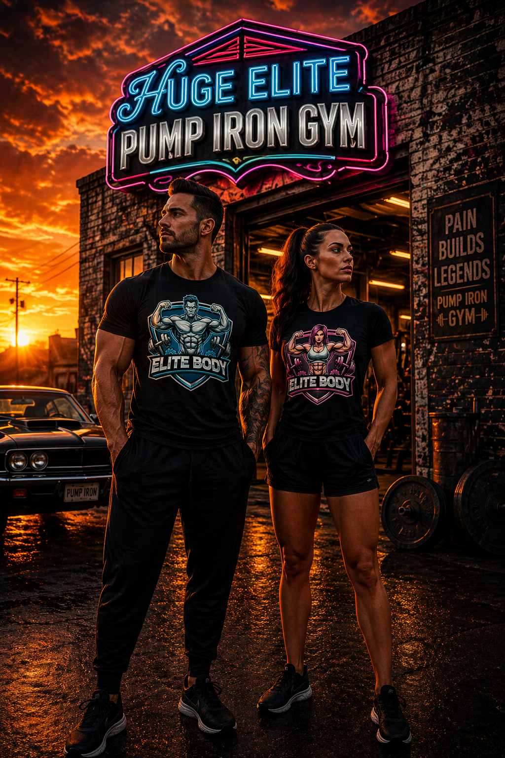 A man and woman in athletic wear standing outside a gym at sunset with neon sign reading 'Huge Elite Pump Iron Gym.'