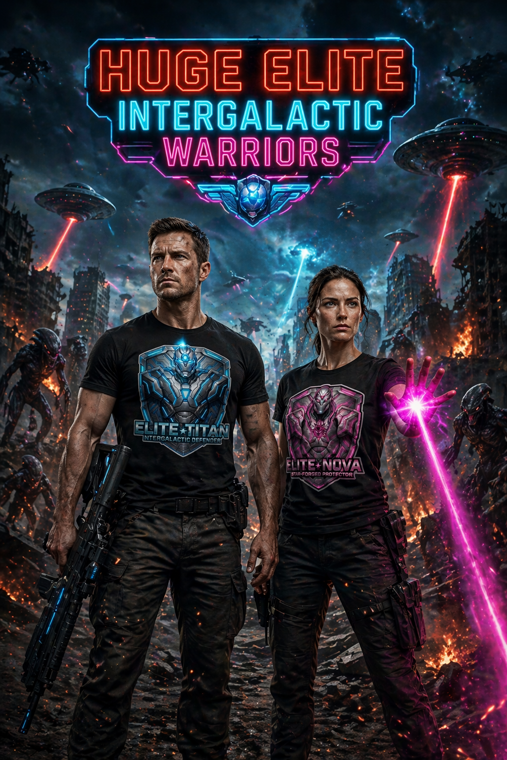 Post-apocalyptic scene with two armed soldiers in futuristic uniforms fighting alien invaders, with a neon sign reading 'Huge Elite Intergalactic Warriors' above them.