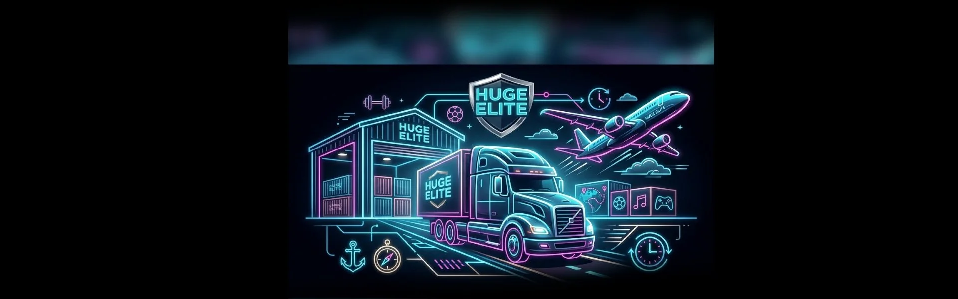 Huge Elite neon logistics banner, truck, airplane, global icons