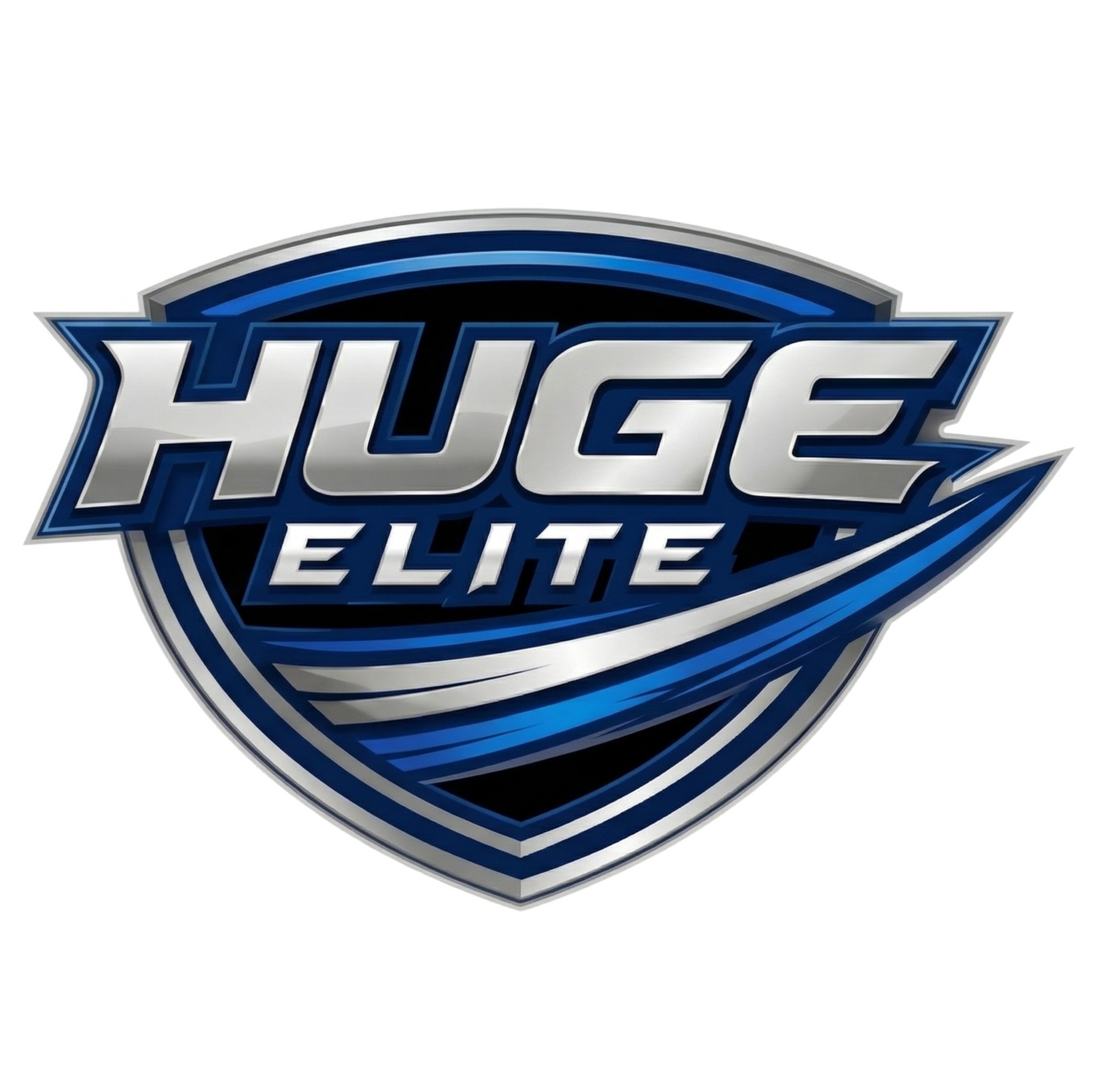 Logo for Huge Elite with a shield design in blue, silver, and white colors on a black background.