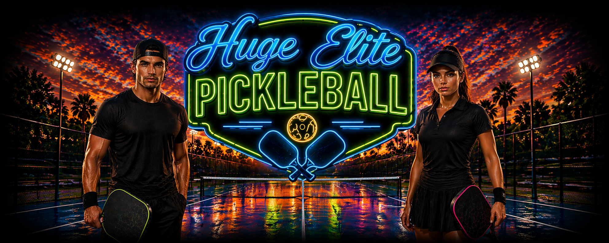 HUGE ELITE PICKLEBALL // PREMIUM APPAREL, NEON LOGO, MALE AND FEMALE ATHLETES ON OUTDOOR COURT AT SUNSET.