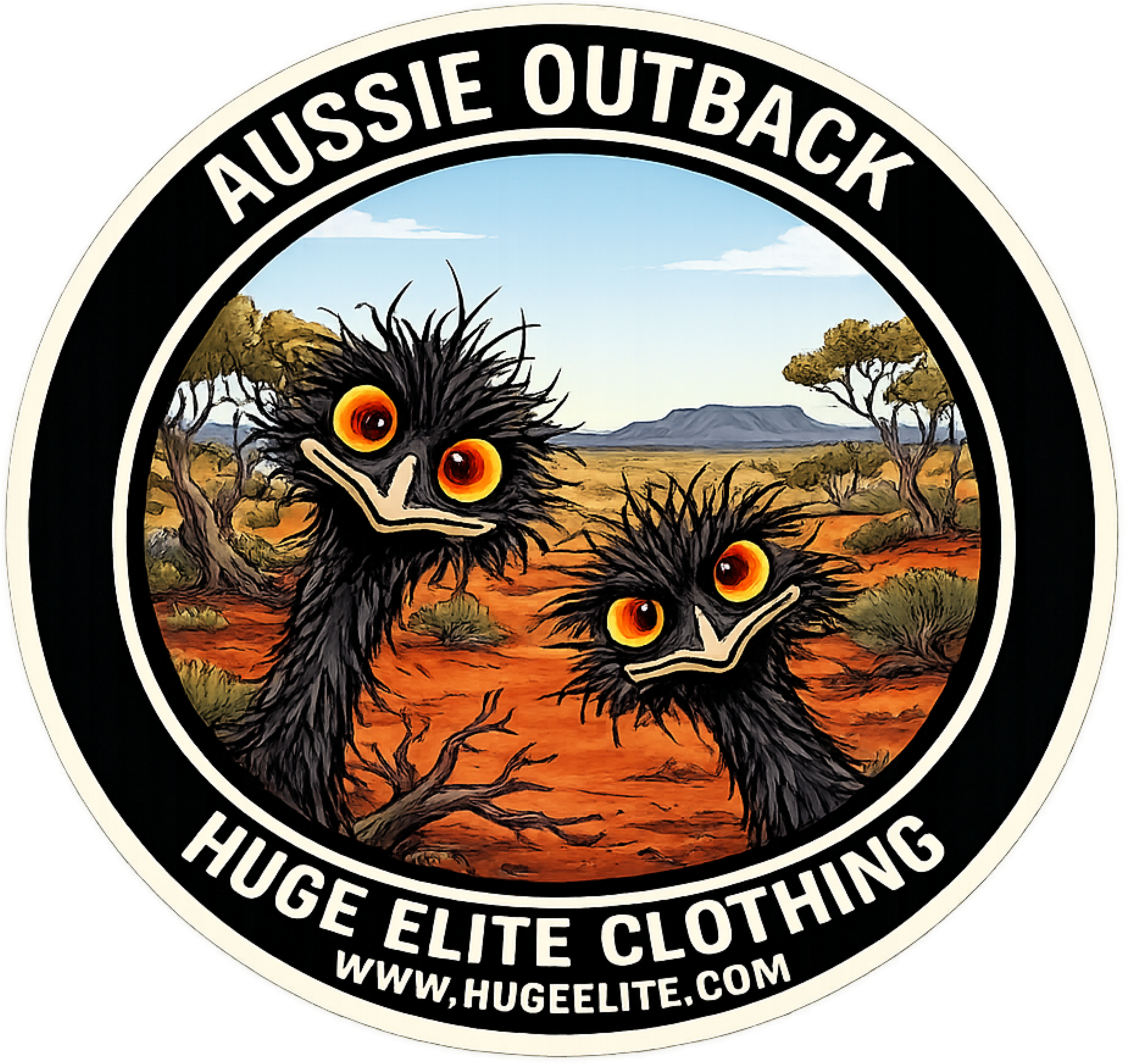 Aussie Outback emblem, close-up emus, Huge Elite Clothing logo, website www.hugeelite.com, circular graphic branding