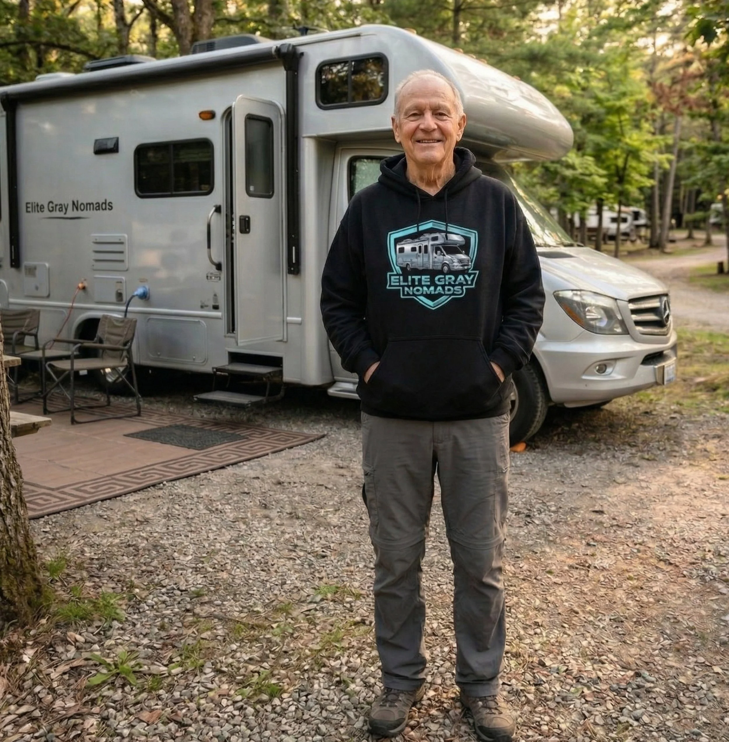 An elderly man smiling outdoors at a campsite, standing in front of a white RV with the name 'Elite Gray Nomads' on the side, surrounded by trees and camping chairs on a gravel ground.