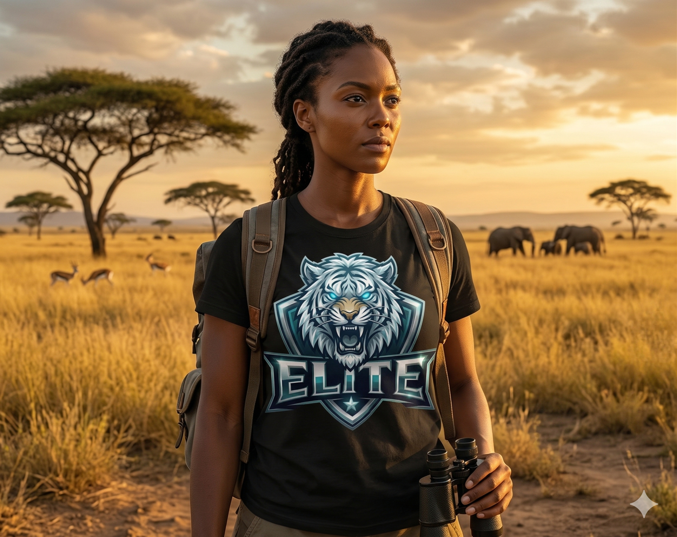 A young woman with dreadlocks standing in an African savanna, holding binoculars, with a backpack, at sunset. She is wearing a black t-shirt with a lion's face and the words 'ELITE' on it. In the background, there are scattered trees, giraffes, and e