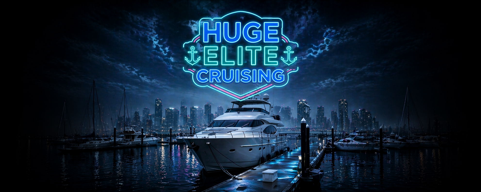 Elite Cruising landing page banner, Huge Elite yachting apparel, neon cruiser sign over dark marina, luxury motor yacht at night, urban harbor skyline, cyan and silver nautical branding, premium boating gear, high-end maritime lifestyle.