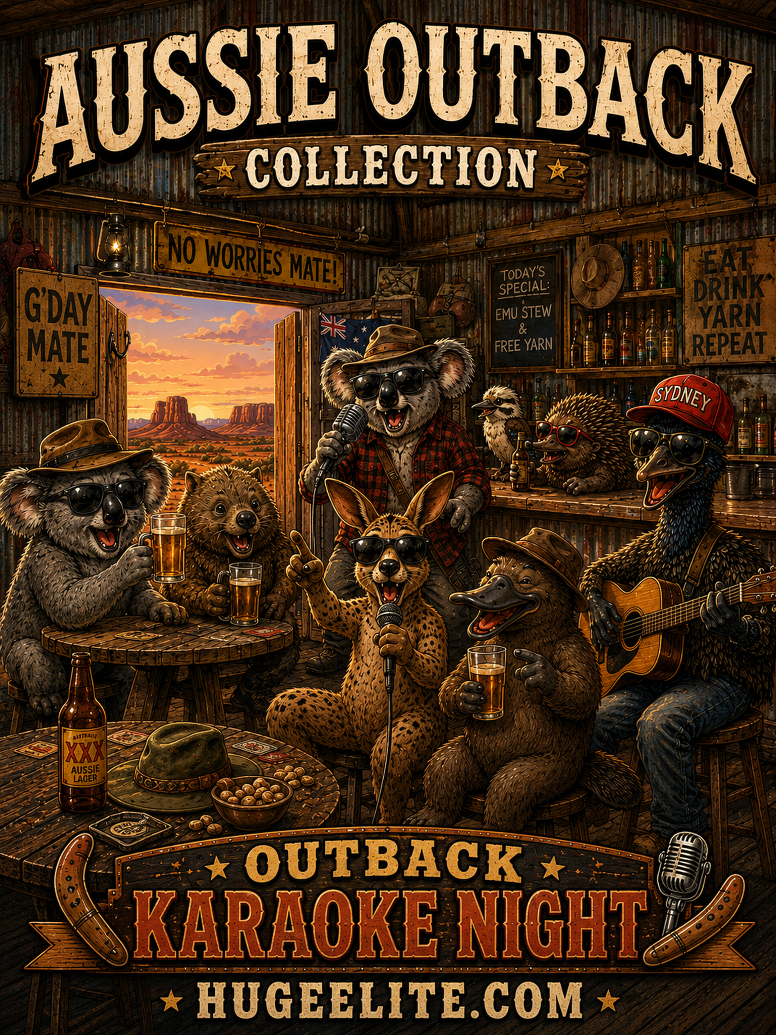 Huge Elite Aussie Outback Karaoke Night logo, Australian animals singing on a rustic stage, kangaroo with microphone and emu in a spotlight, festive outback pub interior with neon signs, kids party squad entertainment design.