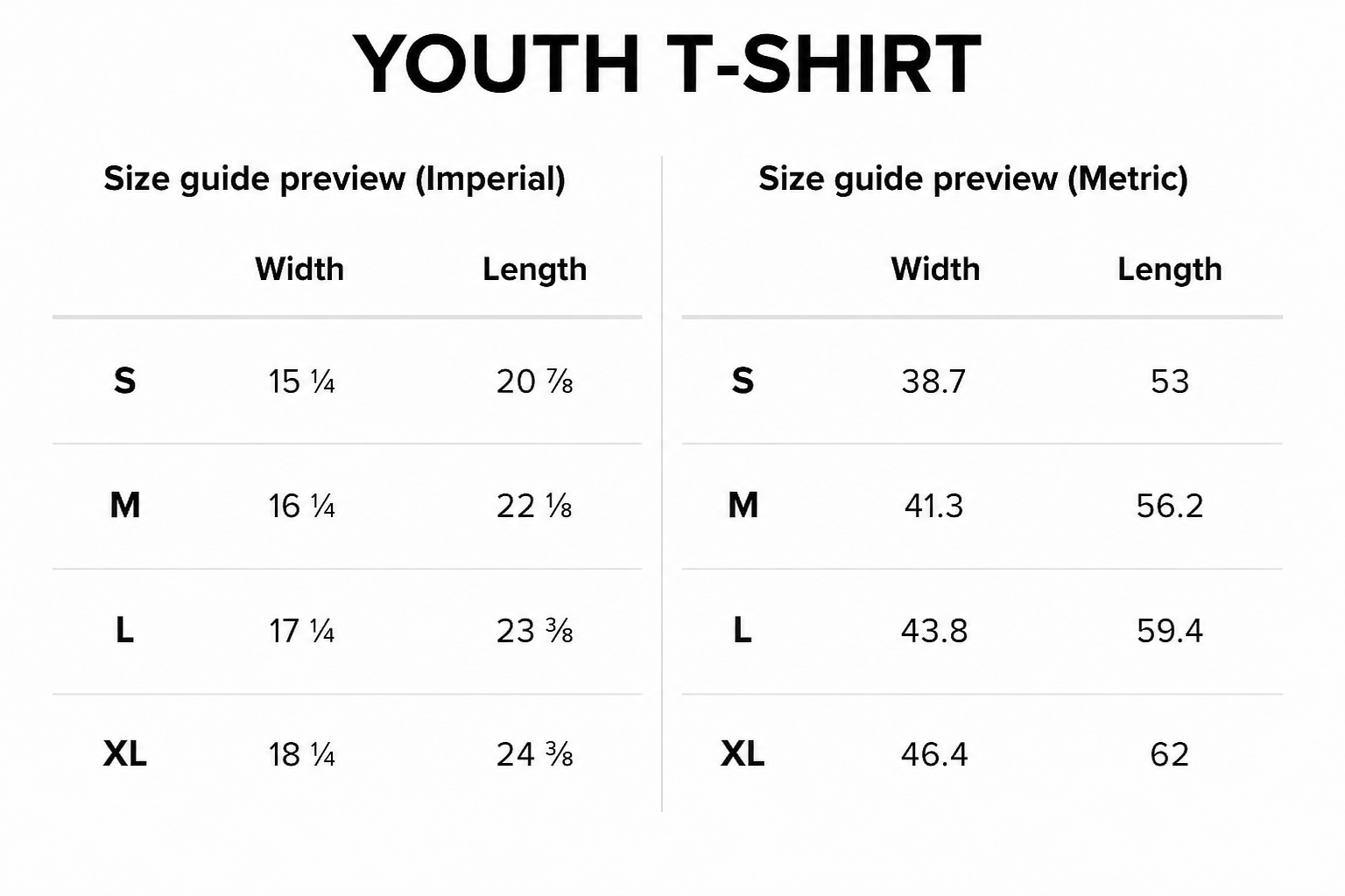 Size guide chart for youth T-shirts showing measurements for sizes S, M, L, and XL in both imperial and metric units.