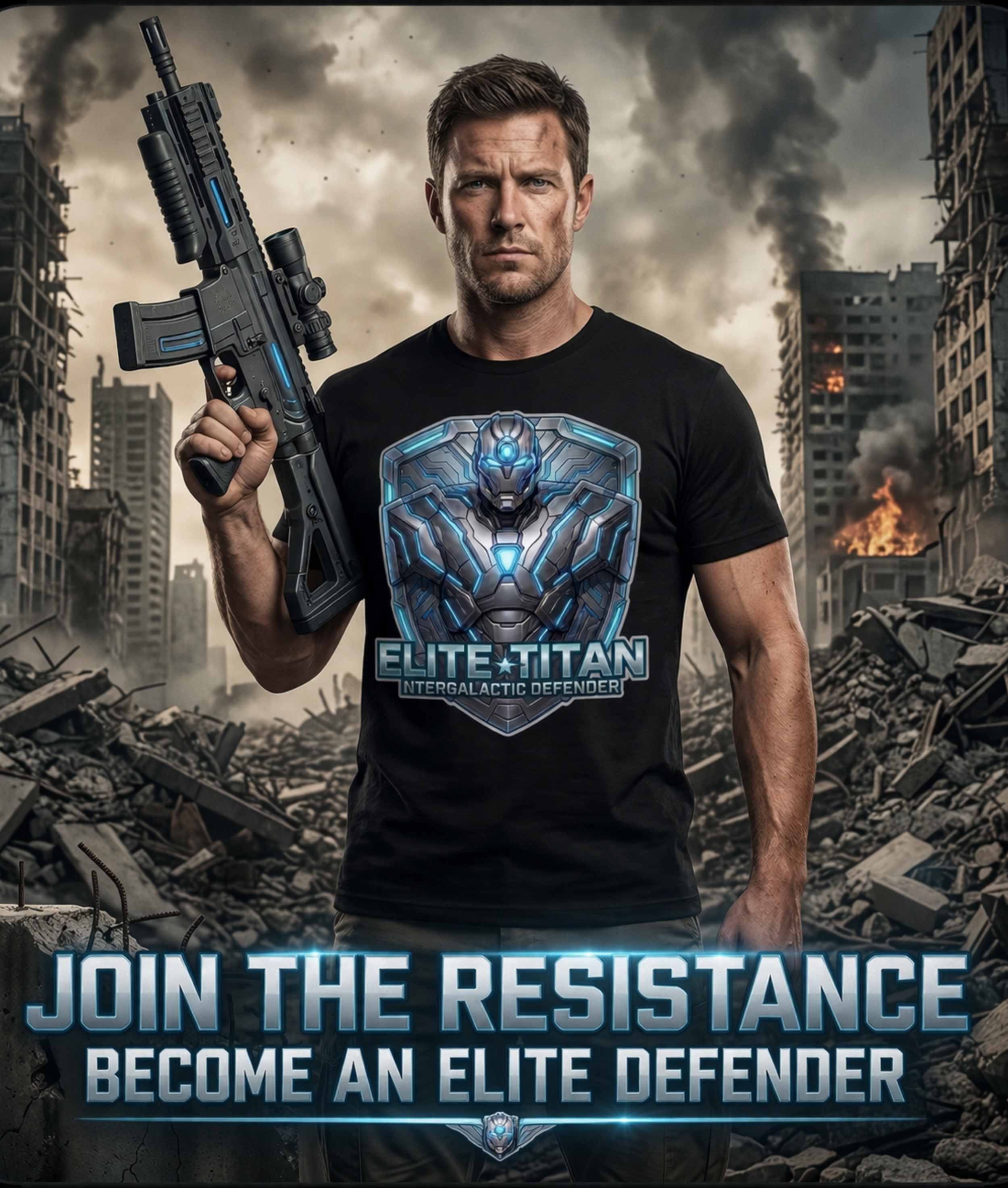 A man with short hair and a serious expression holding a futuristic rifle stands amid a destroyed cityscape with dark smoke and burning buildings in the background. The image promotes a game called 'Elite Titan,' encouraging viewers to join the resis