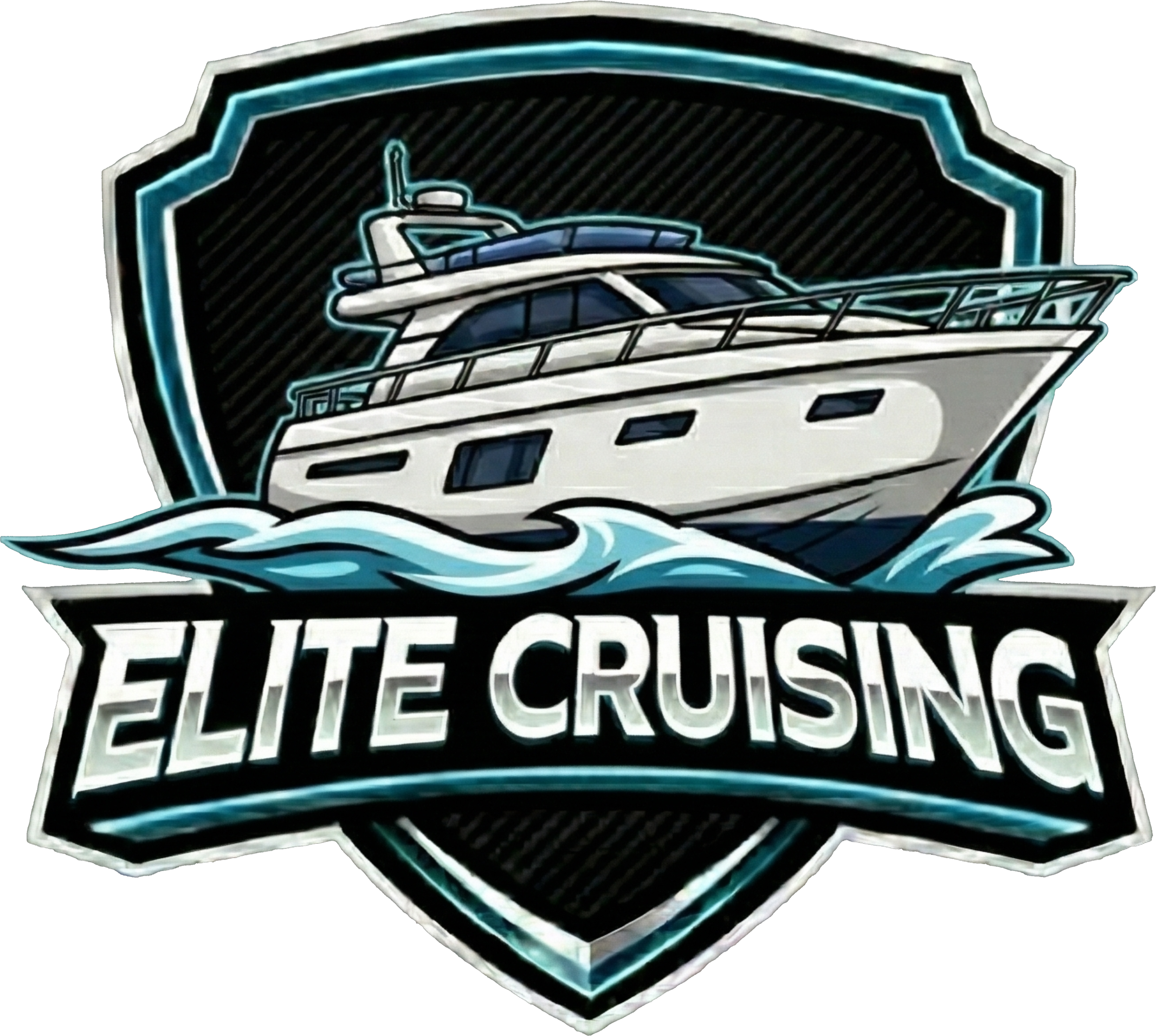 Huge Elite Cruising logo, luxury motor yacht on ocean waves, cyan-blue neon lighting, metallic silver shield, executive boating brand, electric blue accents, cruising boat silhouette, premium nautical branding, modern yachting emblem.