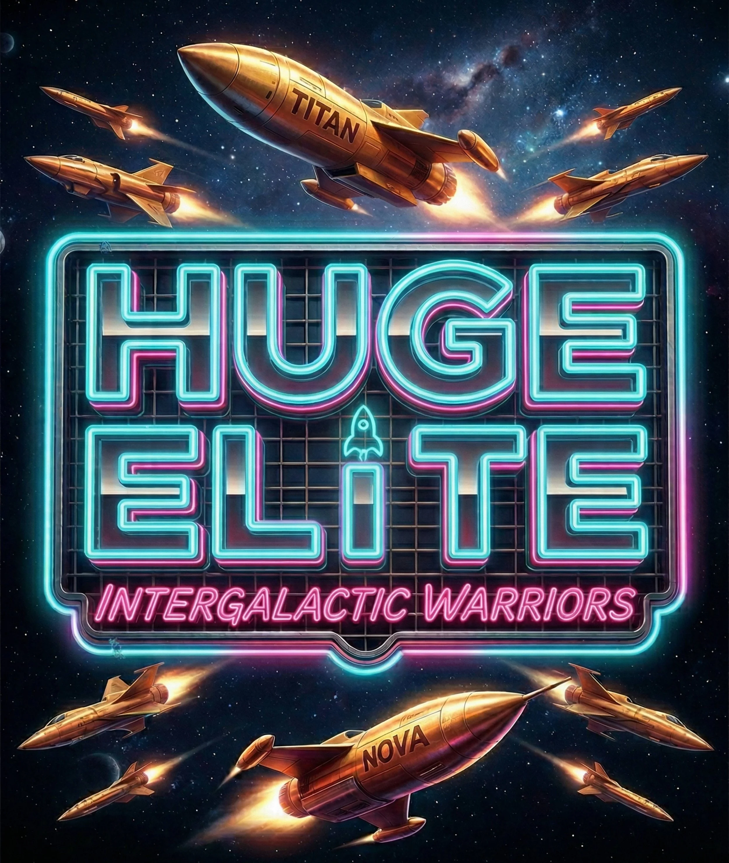 ELITE INTERGALACTIC WARRIORS // COSMIC STAR-FIELD, NEON BRANDED SIGN, GOLD METALLIC TITAN & NOVA ROCKET SHIPS, BOLD BLACK NEGATIVE SPACE FRAME.