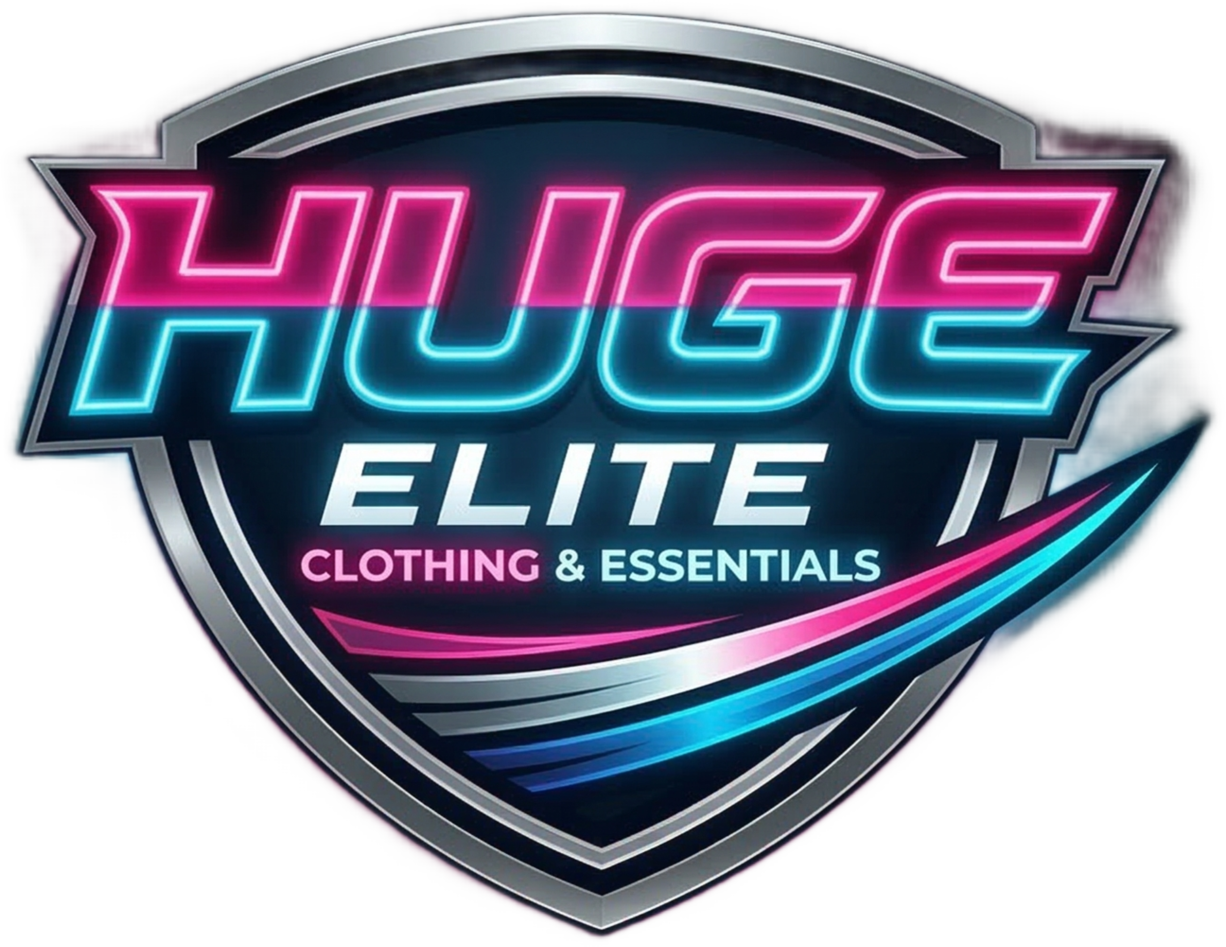 Huge Elite brand logo, metallic silver shield emblem, neon cyan and hot pink apparel branding, industrial streetwear logo, premium clothing badge, luxury lifestyle brand icon.