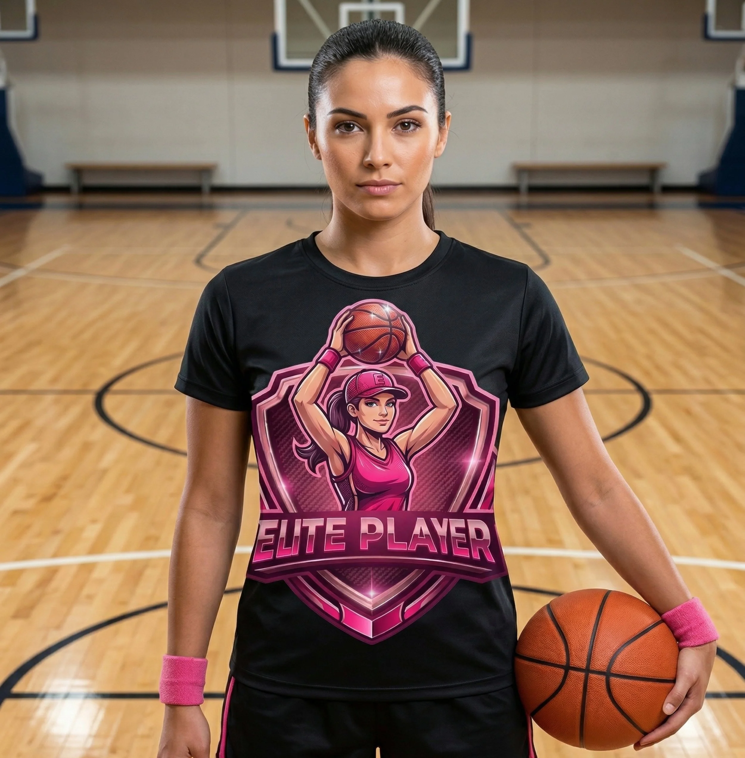 Young female basketball player on basketball court holding a basketball, wearing a black jersey with a cartoon woman holding a basketball graphic, pink wristbands, and bracelet, with basketball hoops visible in background.