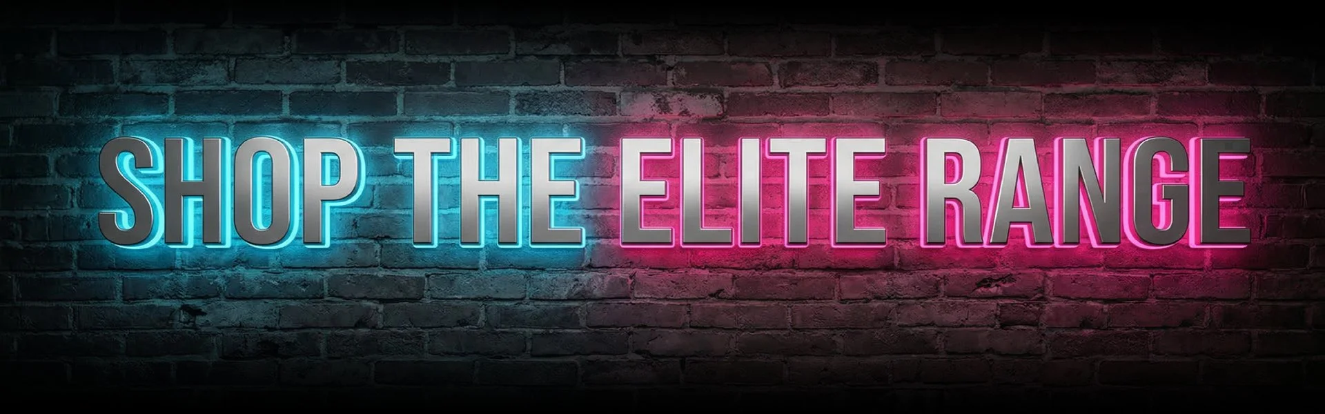 Neon sign on brick wall reads 'Shop the Elite Range' with blue and pink lighting.