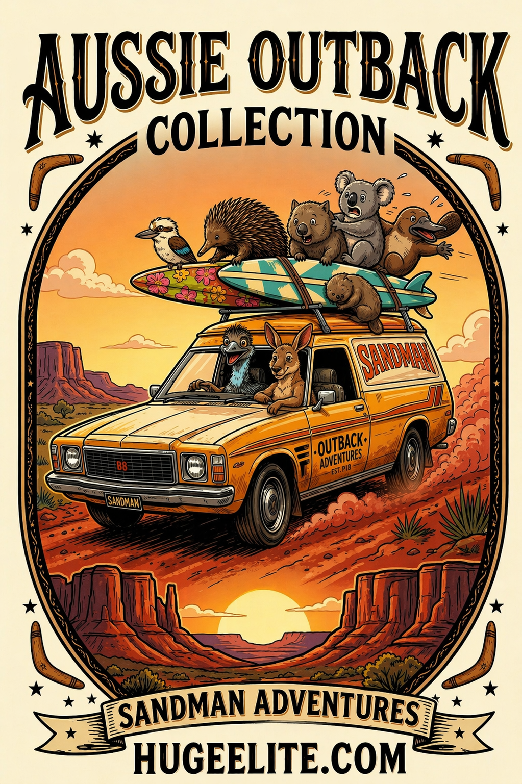huge elite sandman adventures logo, comic aussie animals in van, kangaroo and emu driving, koala and wombat with surfboards, outback sunset desert, premium industrial streetwear, huge elite branding