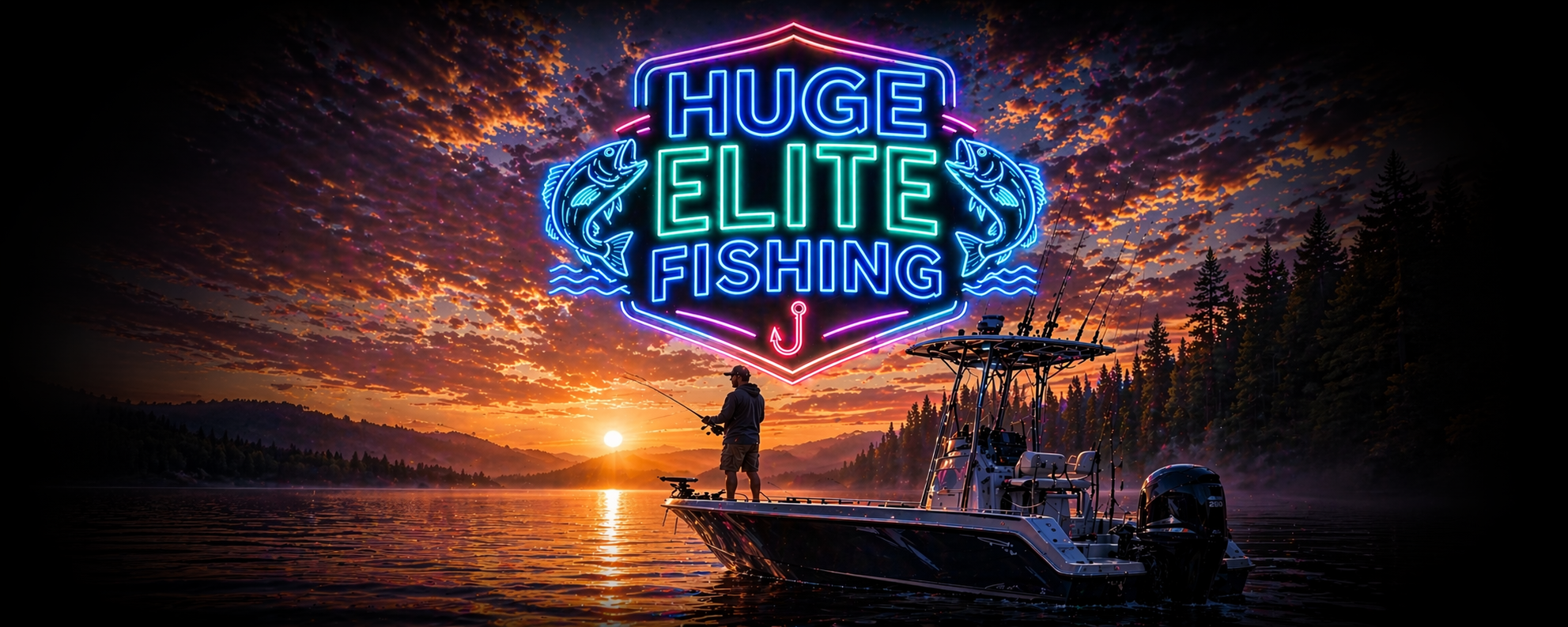 A person fishing on a boat on a lake at sunset, with a neon sign reading 'Huge Elite Fishing' and images of fish, with a forest in the background.