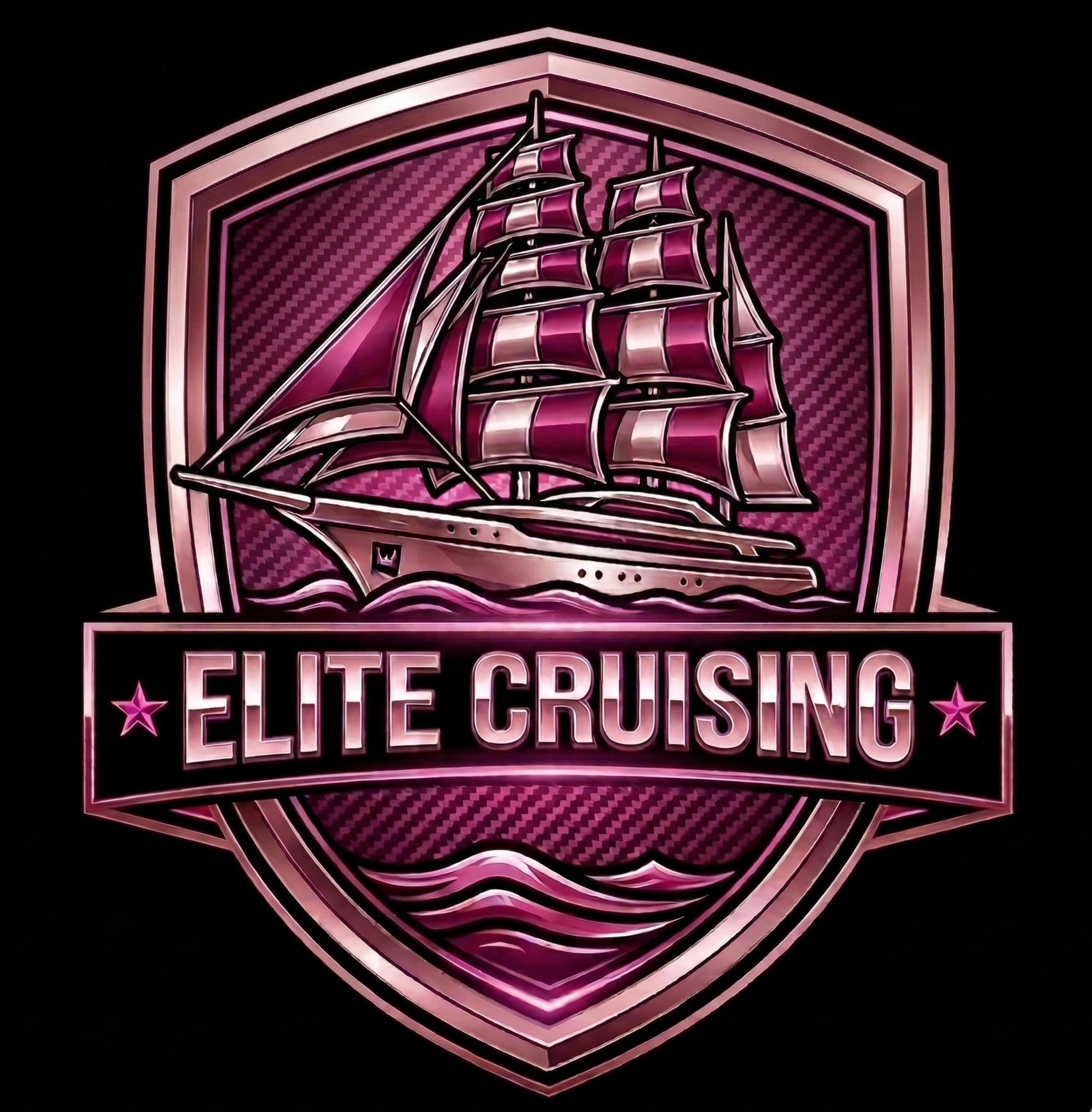 Elite Sailing logo, luxury yacht illustration, hot pink neon lighting, metallic silver shield, women's nautical branding, pink sail accents, sailboat silhouette, premium sailing apparel, feminine elite sailing shield, carbon fiber texture.