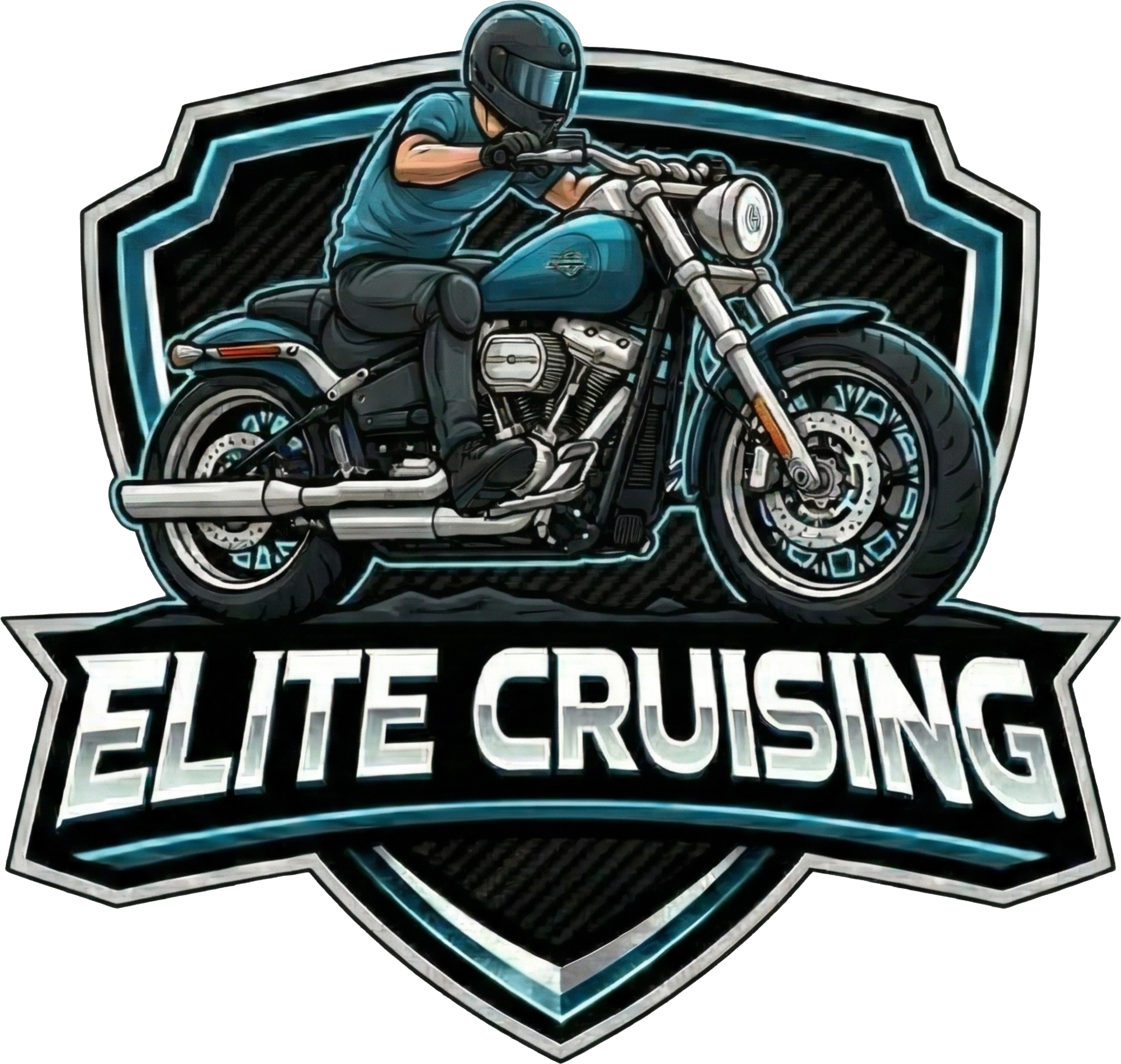 ELITE CRUISING // METALLIC SHIELD LOGO, CYAN AND SILVER NEON ACCENTS, CRUISER MOTORCYCLE, HIGH-IMPACT SILVER TEXT.