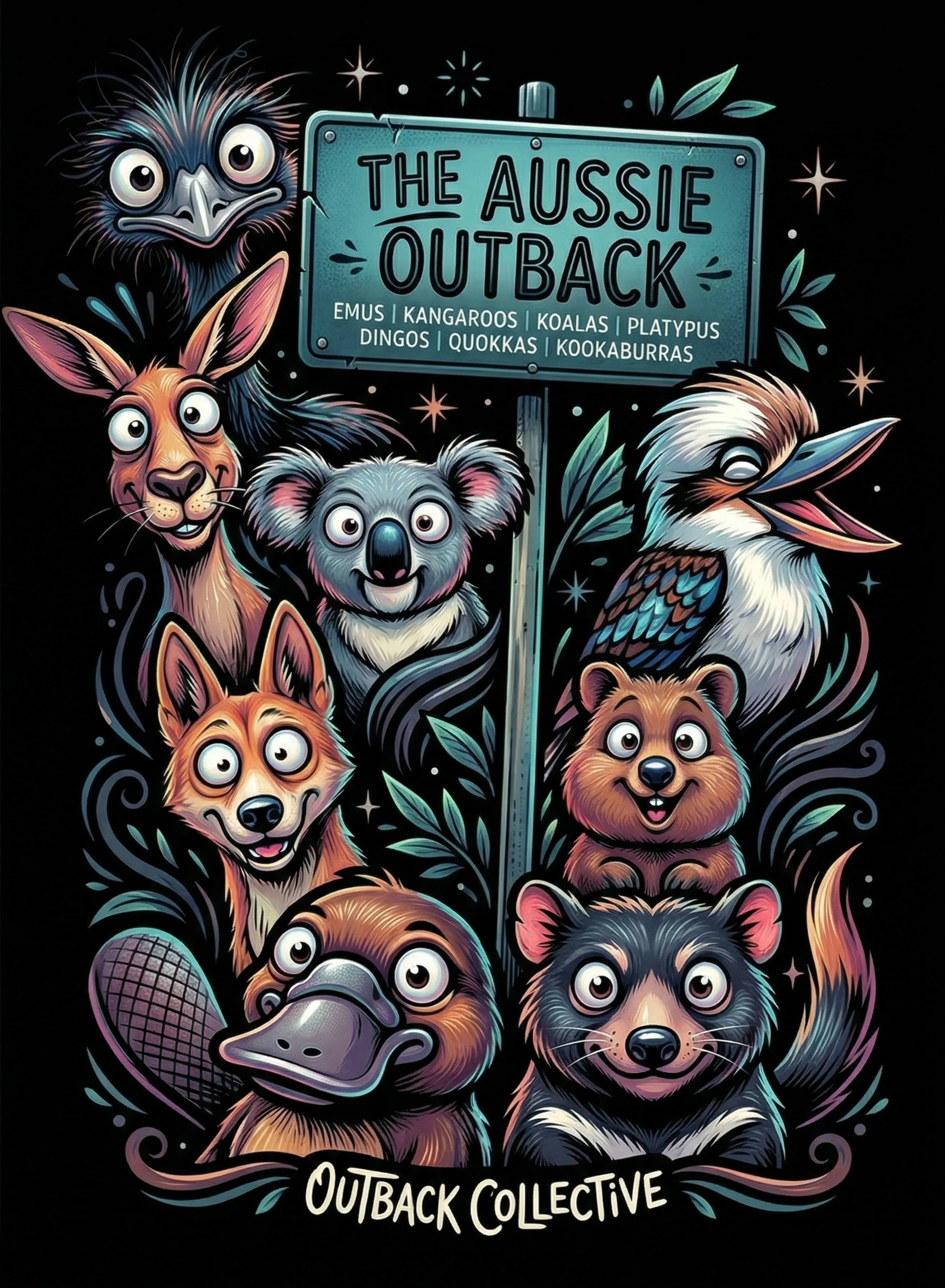 ELITE AUSSIE OUTBACK // CARTOON OUTBACK ANIMALS, TEAL SIGNPOST WITH LISTED SPECIES, BLACK BACKGROUND, OUTBACK COLLECTIVE TEXT.
